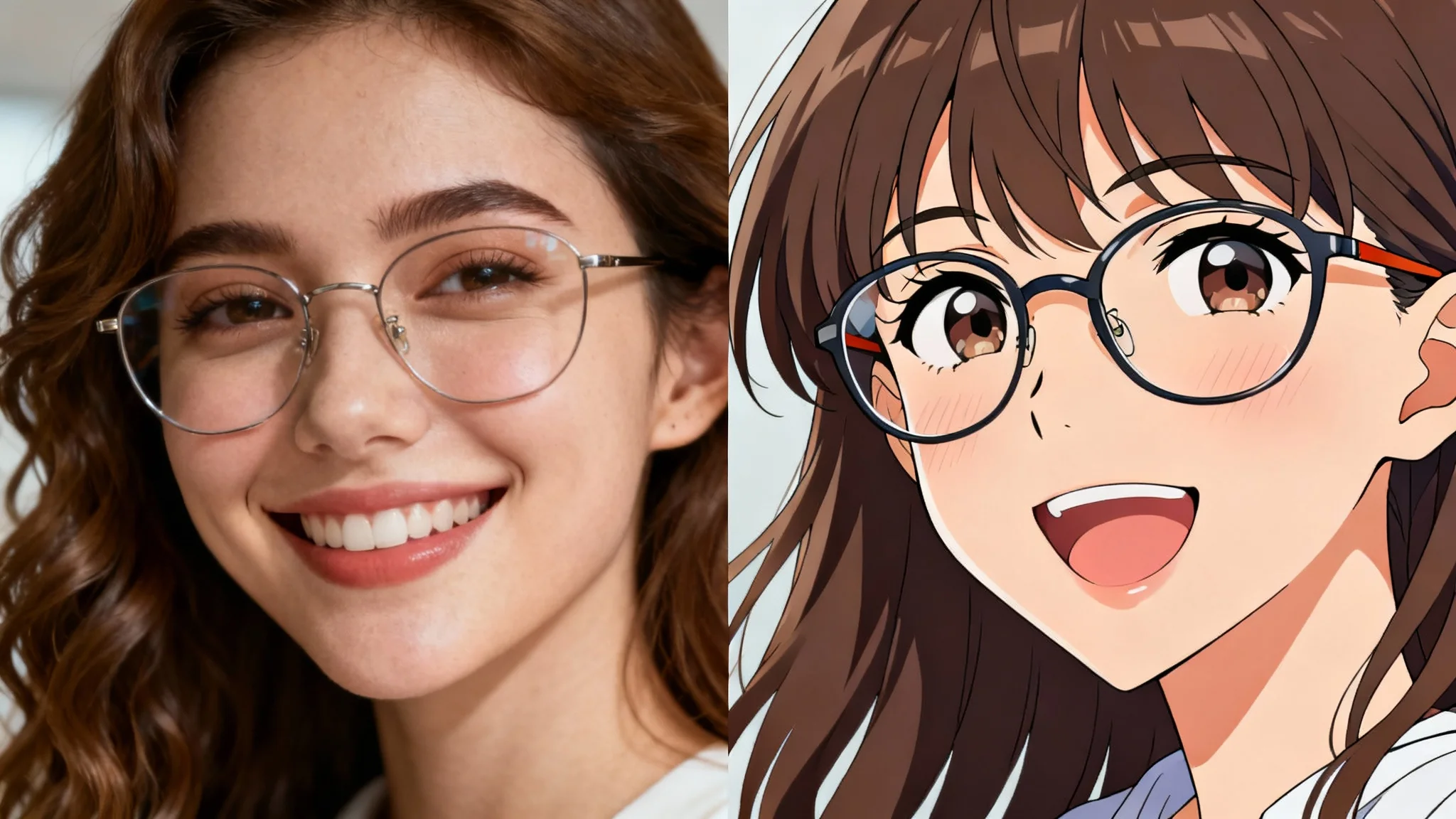 A split-screen image showcasing an anime transformation tool. The left side shows a realistic photo of a young woman with brown hair and glasses, and the right side shows her transformed into a high-quality, modern anime character, mirroring her features and smile.