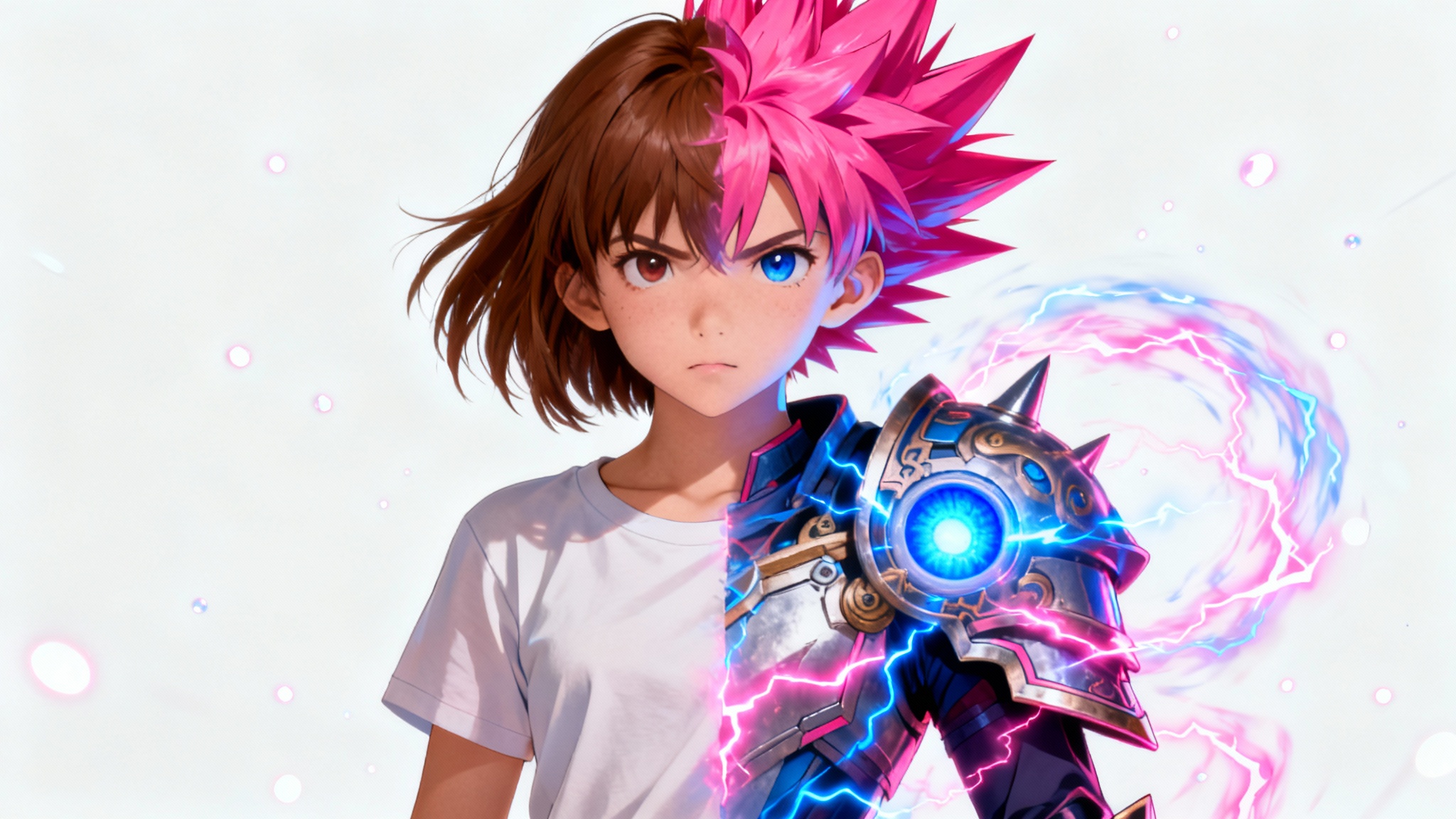 A dramatic depiction of a girl transforming into an anime character. One side is her normal self, while the other has vibrant pink hair, a glowing eye, and magical energy, all set against a white background.
