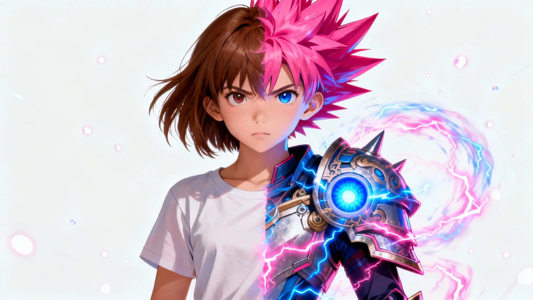 A dramatic depiction of a girl transforming into an anime character. One side is her normal self, while the other has vibrant pink hair, a glowing eye, and magical energy, all set against a white background.