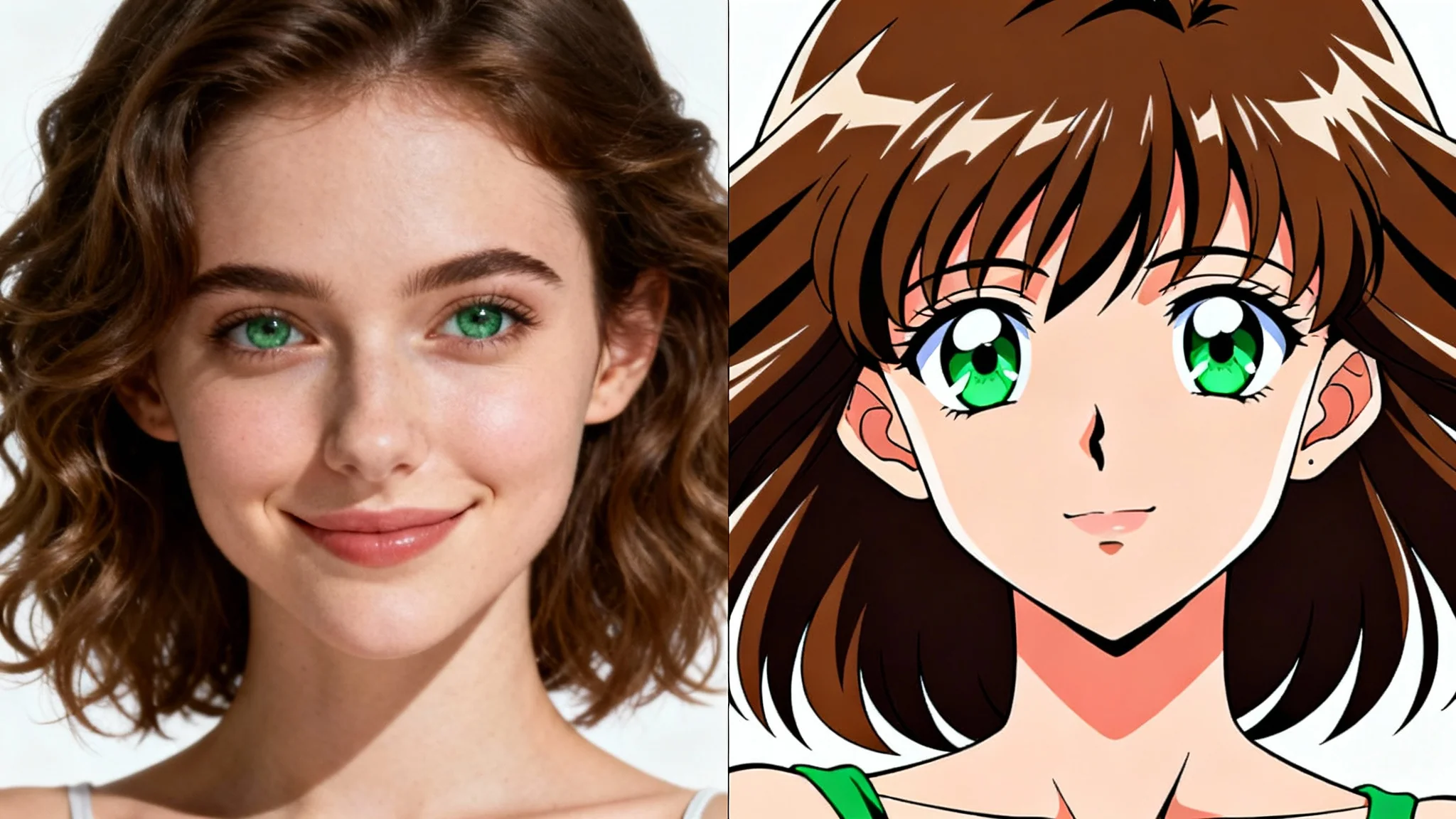 A split-image showing a before-and-after anime transformation. The left side is a realistic photo of a woman, and the right side is the same woman drawn in a classic anime style.