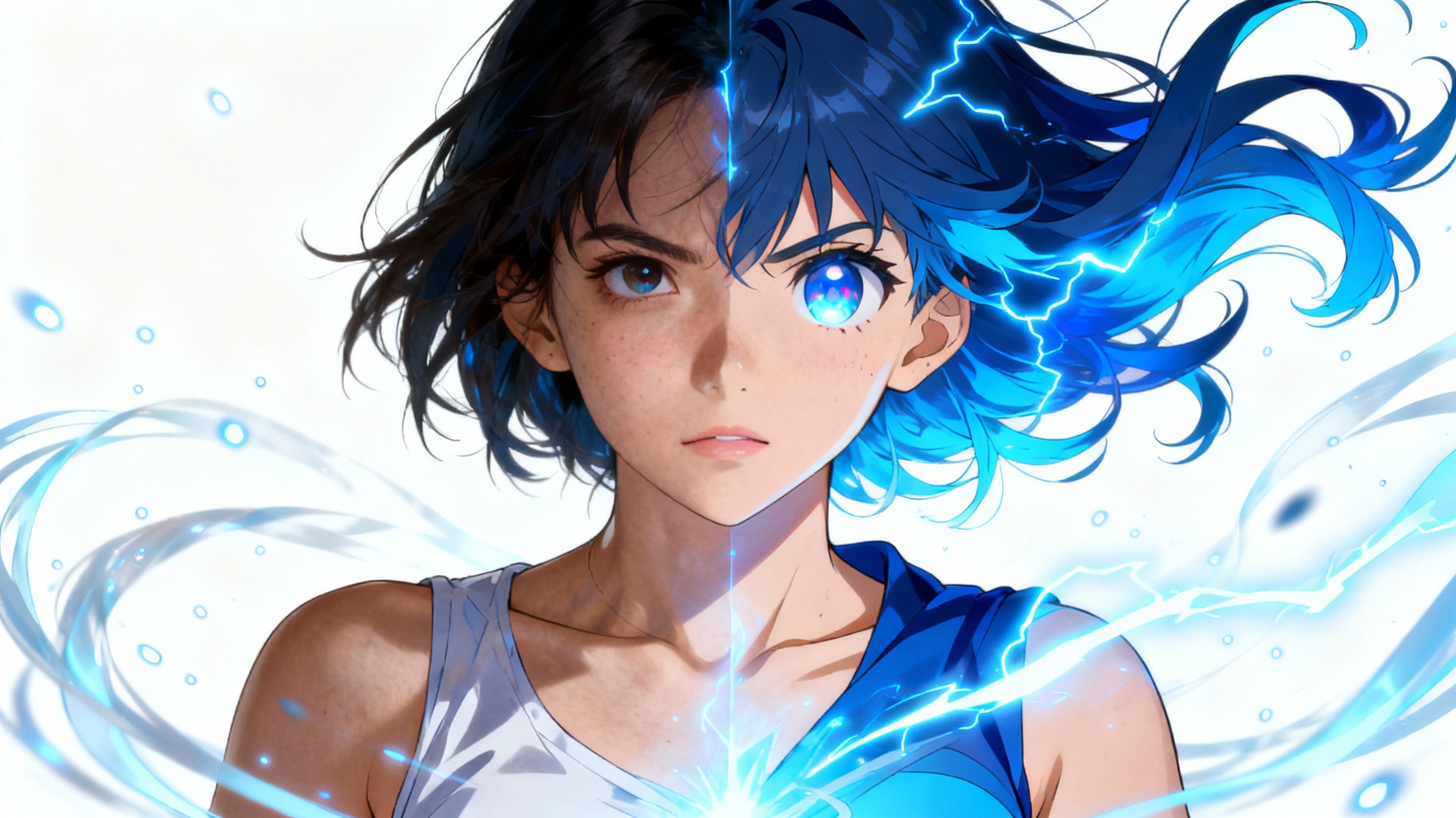 A depiction of an anime transformation, showing a woman who is half realistic and half vibrant anime character, surrounded by glowing energy on a stark white background.