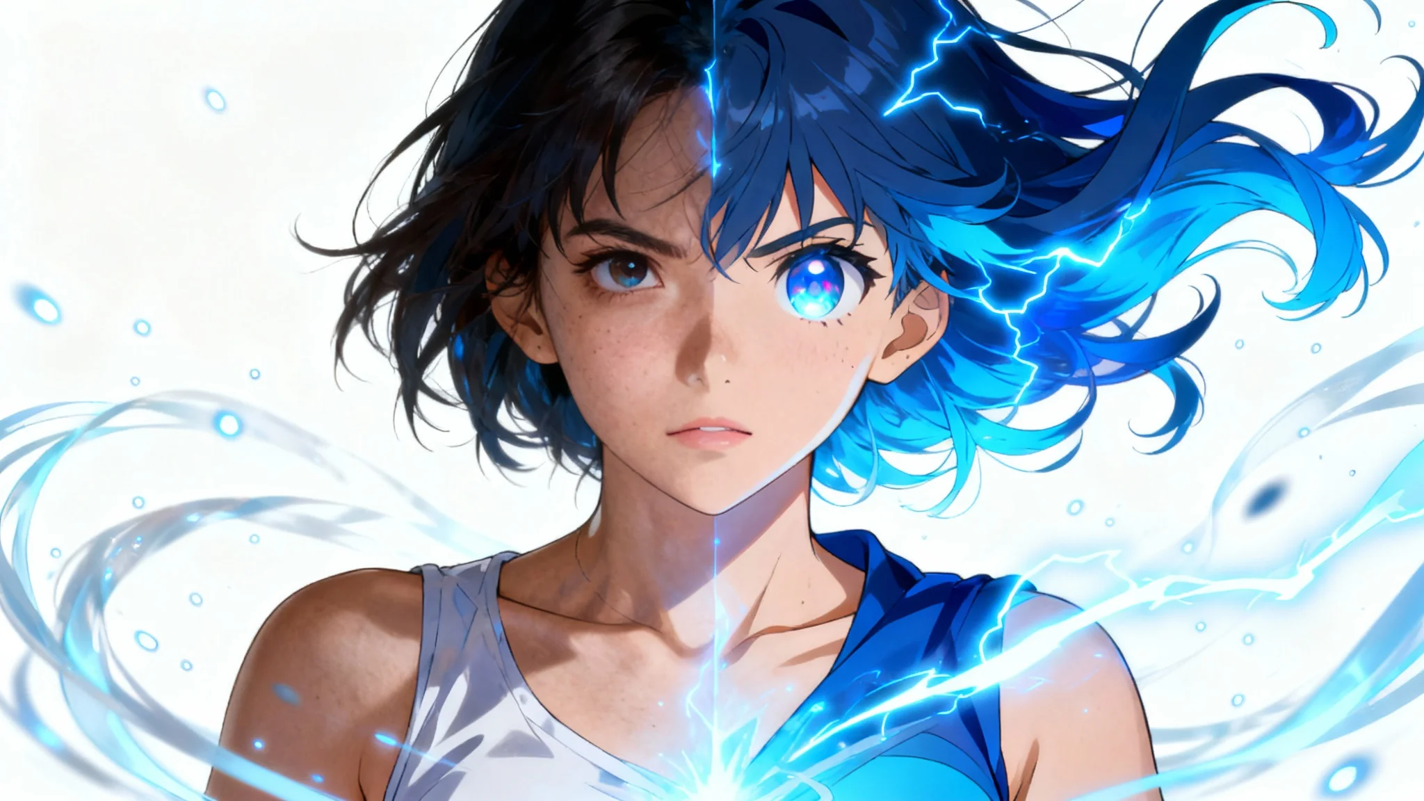 A depiction of an anime transformation, showing a woman who is half realistic and half vibrant anime character, surrounded by glowing energy on a stark white background.