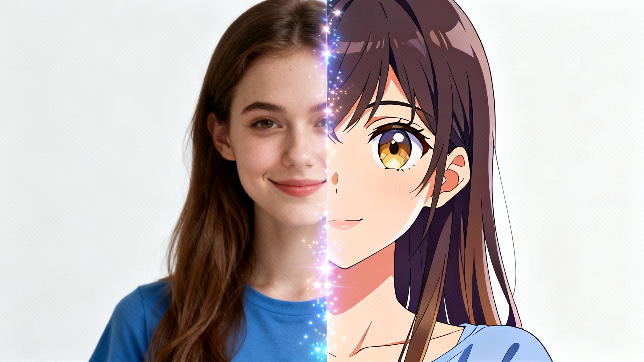A split-image demonstrating an anime transformation. The left side shows a realistic photo of a young woman, and the right side shows her as a vibrant anime character, with a magical glowing line separating the two halves against a white background.