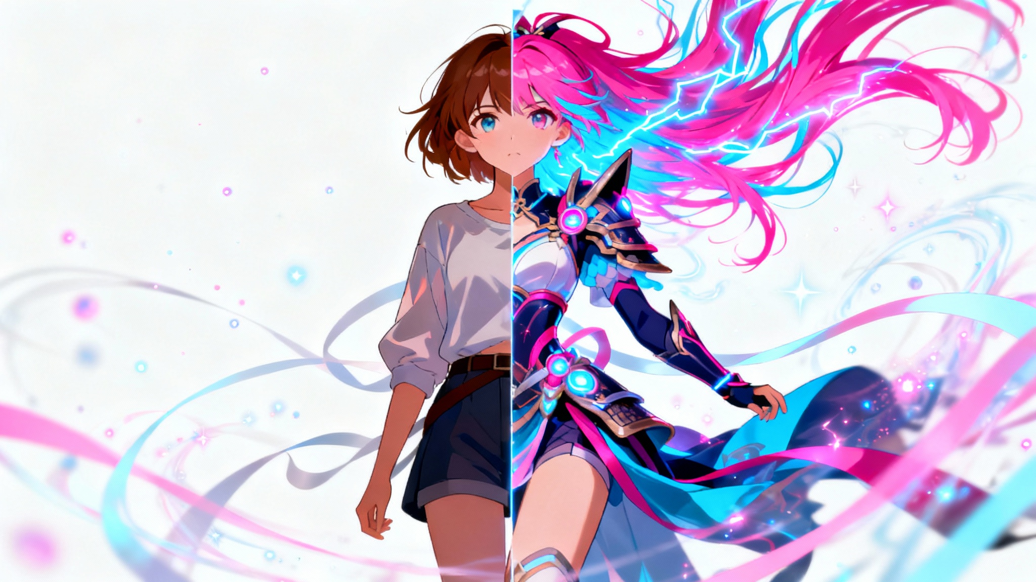 A young woman in the middle of a magical anime transformation. One half of her body is in normal clothes, while the other is in a vibrant, glowing anime warrior costume, surrounded by sparkling energy on a clean white background.