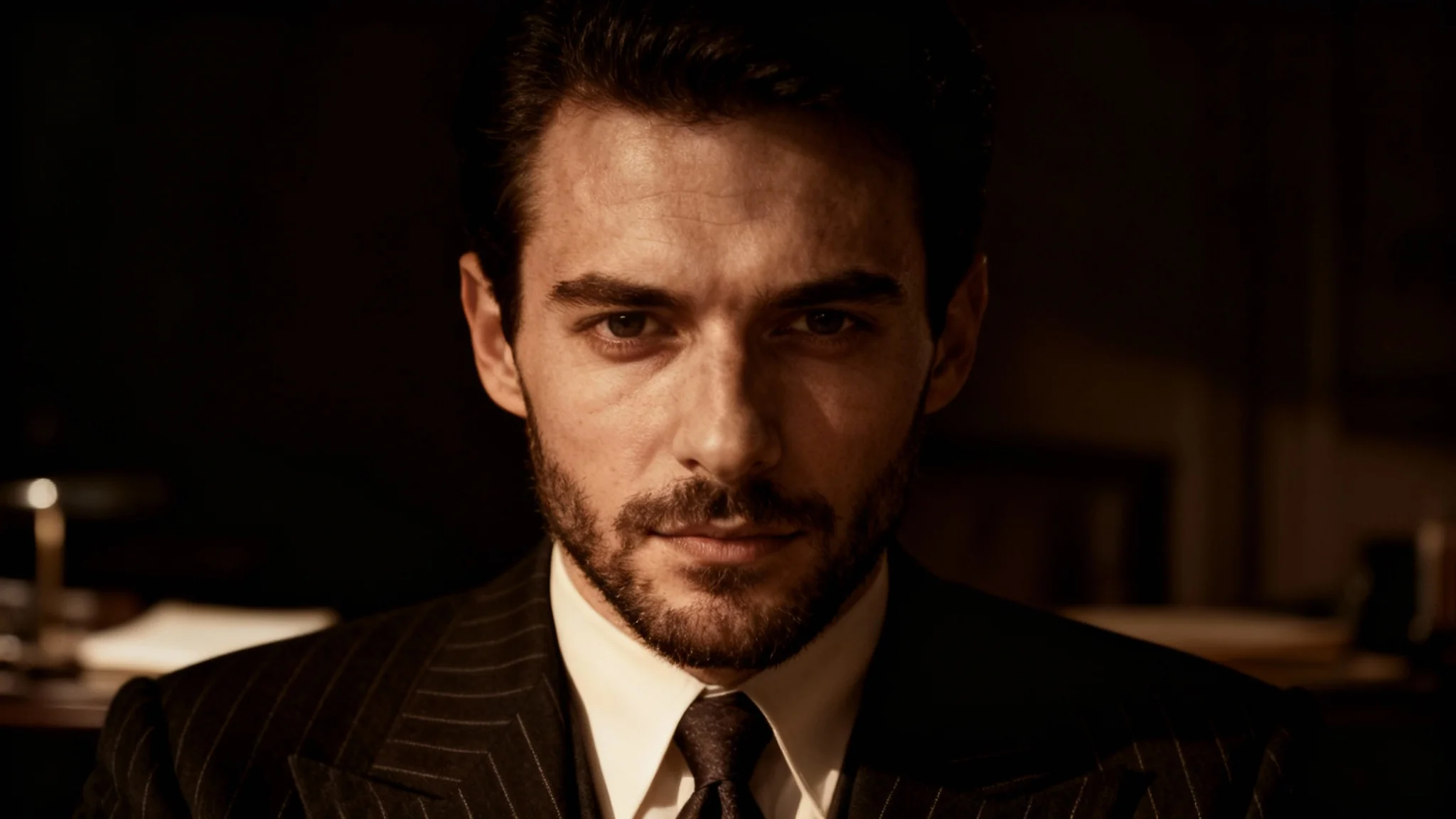 A photo of a man with a short beard, edited in a classic mafia style. He's wearing a dark suit, and the image has dramatic lighting and a warm, desaturated color tone, resembling a character from a gangster movie.
