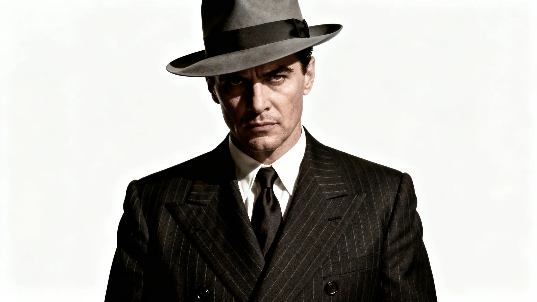 A photorealistic portrait of a man styled as a 1940s mobster in a pinstripe suit and fedora, set against a stark white background with dramatic, film noir lighting.
