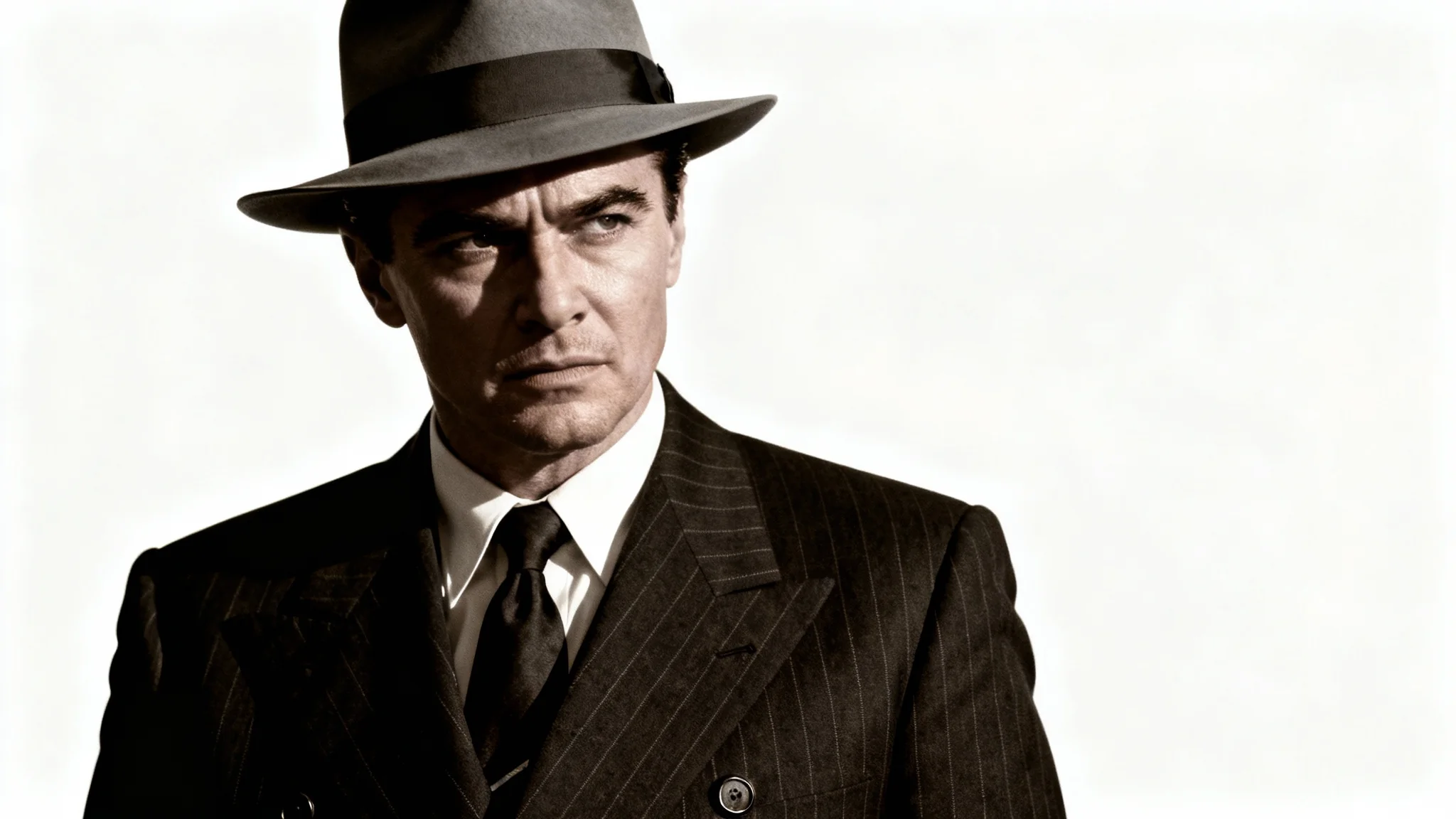 A dramatic, sepia-toned portrait of a man in a 1940s pinstripe suit and fedora, styled like a classic mafia boss, set against a plain white background.