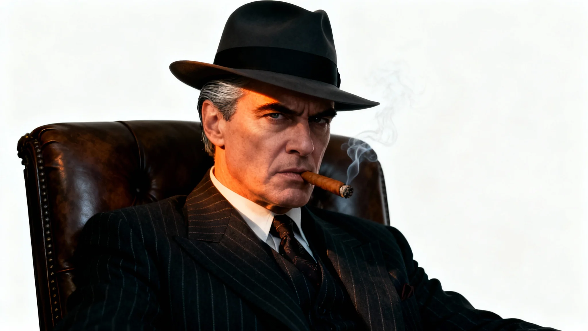 A dramatic, cinematic-style portrait of a 1940s mafia boss in a pinstripe suit and fedora, edited with high contrast and desaturated colors, presented against a stark white background.