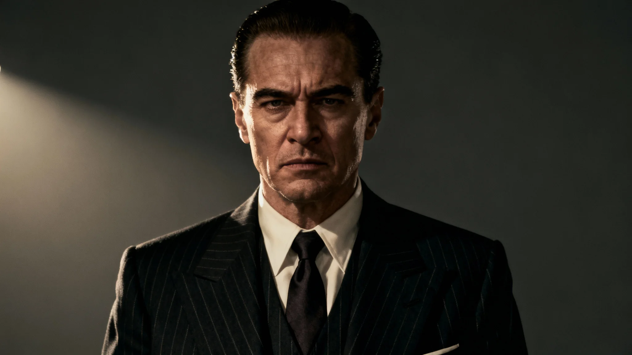 A photorealistic, mafia-style portrait of a man in a pinstripe suit. He has a serious expression, and dramatic lighting casts deep shadows across his face.