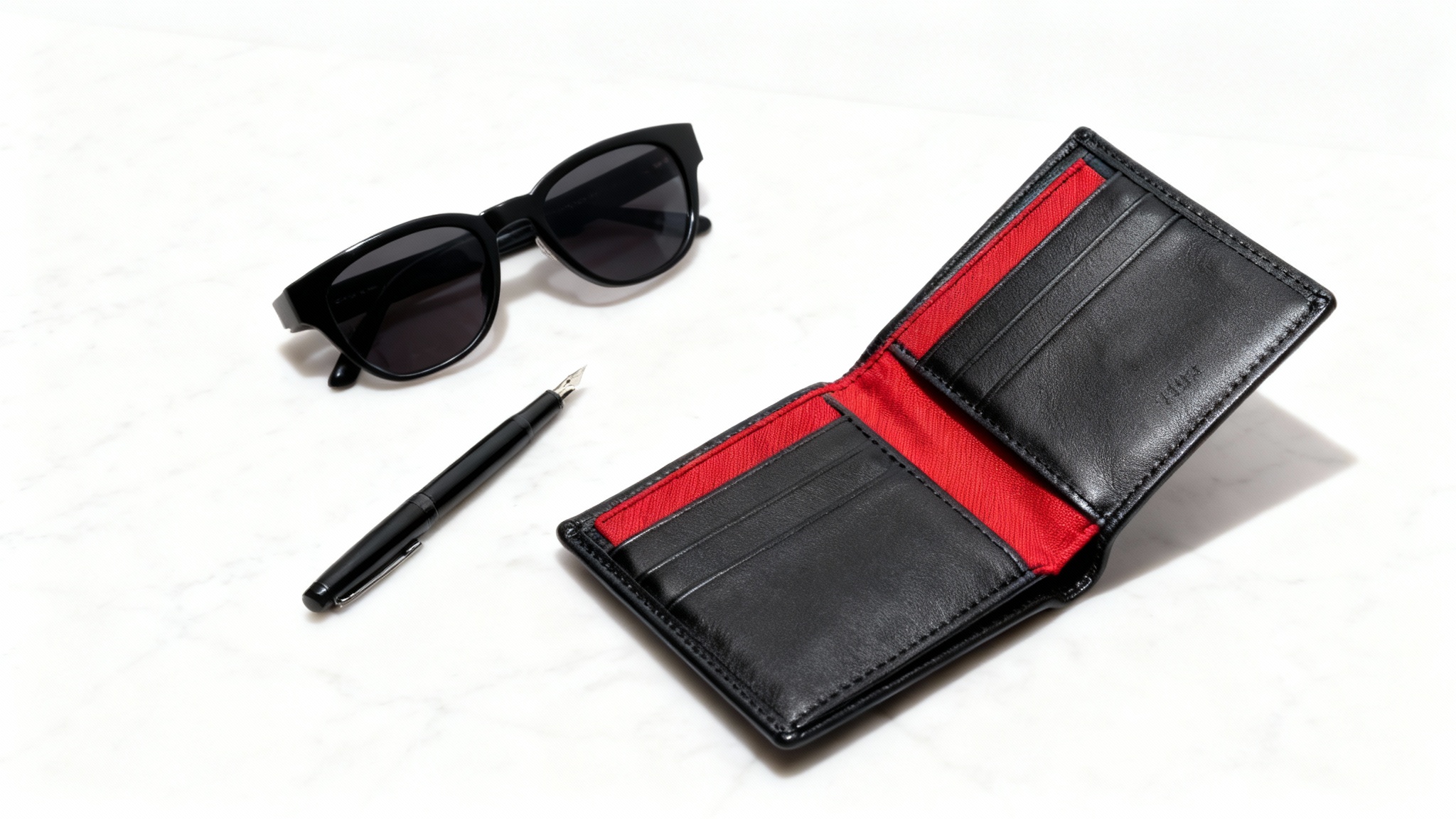 A professional product photograph showing a sleek black leather wallet with a red interior, arranged in a flat lay on a white marble surface with a pen and sunglasses.