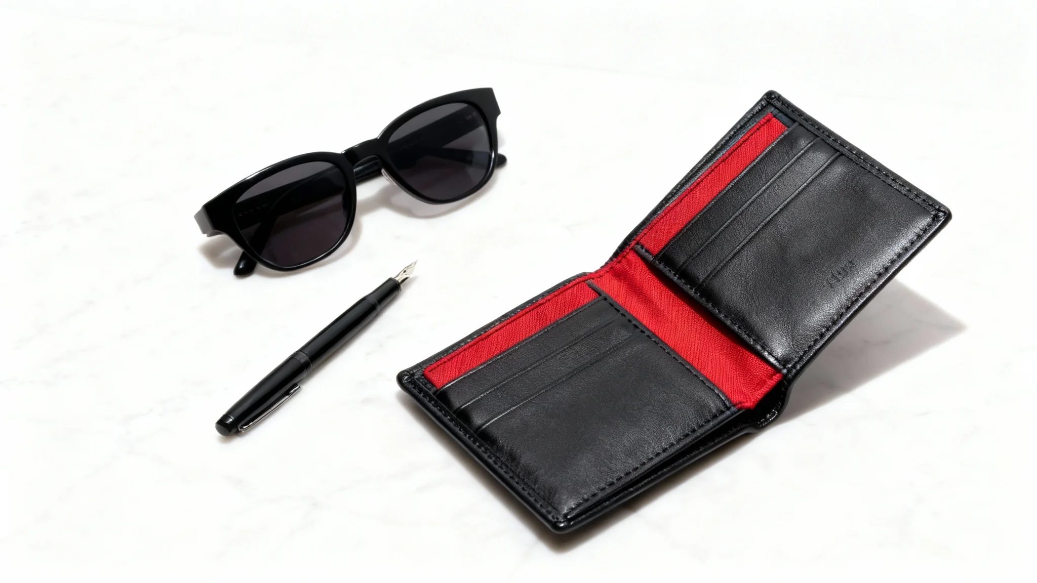 A professional product photograph showing a sleek black leather wallet with a red interior, arranged in a flat lay on a white marble surface with a pen and sunglasses.