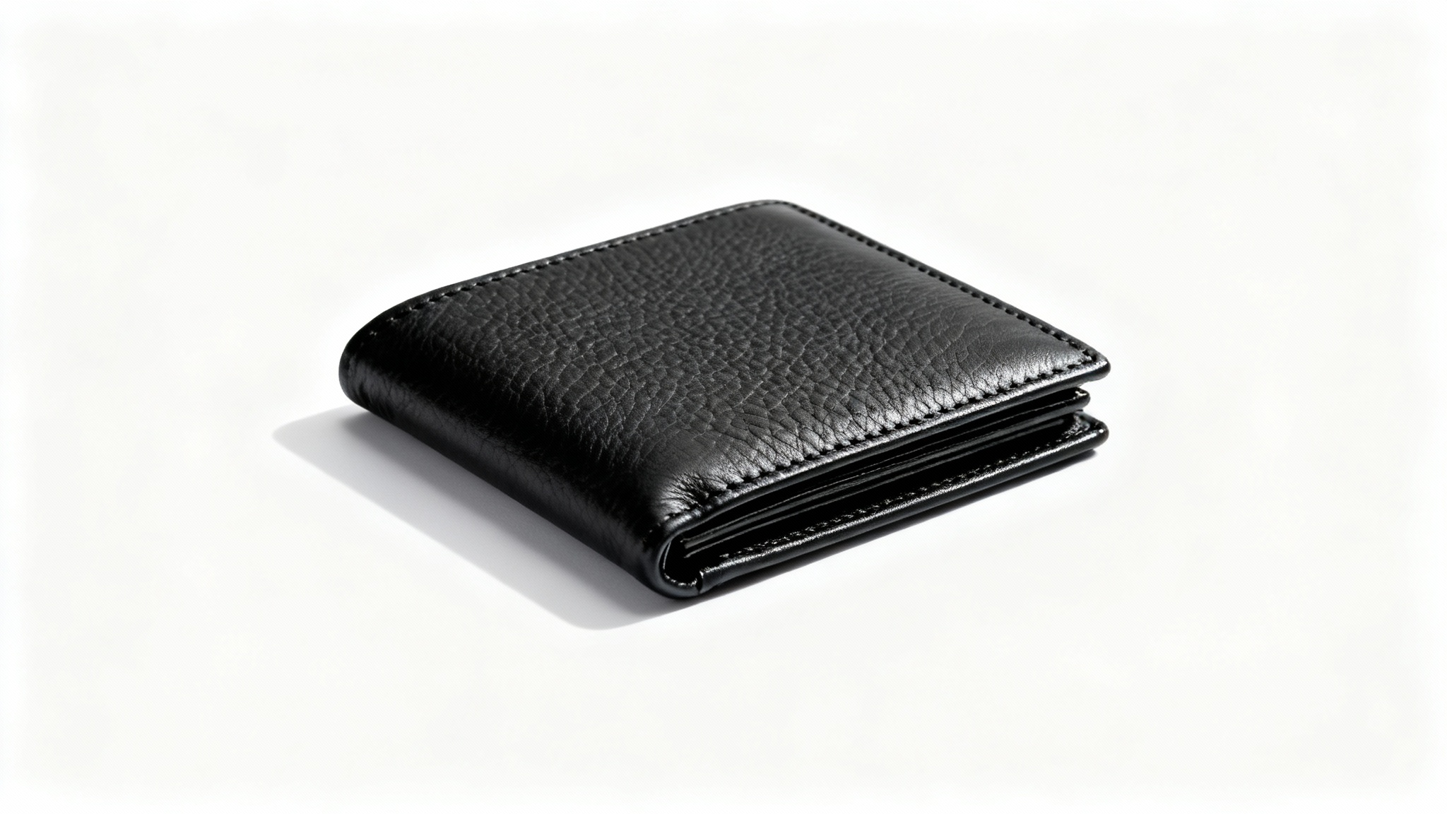 A high-quality product photograph of a sophisticated black leather bifold wallet, positioned elegantly on a plain white background.