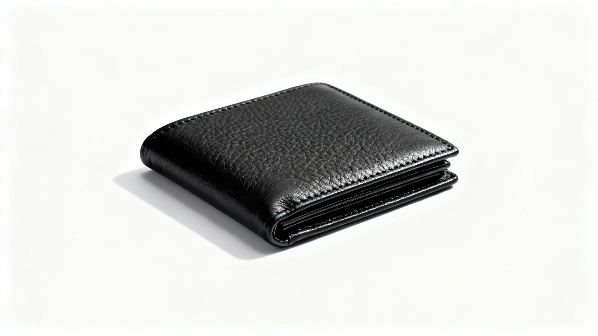 A high-quality product photograph of a sophisticated black leather bifold wallet, positioned elegantly on a plain white background.