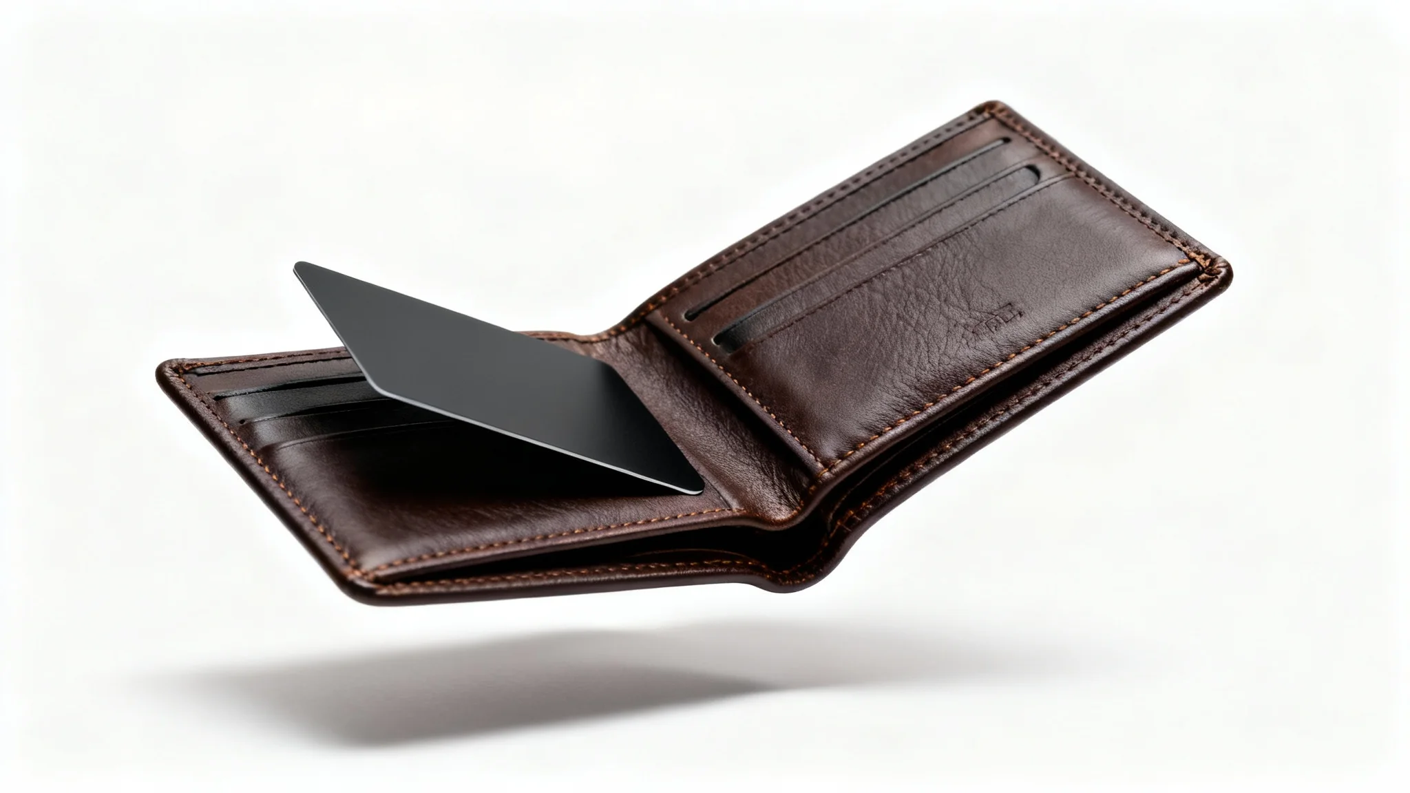 A professional product photo of a dark brown leather wallet, elegantly displayed against a stark white background to highlight its features and quality craftsmanship.
