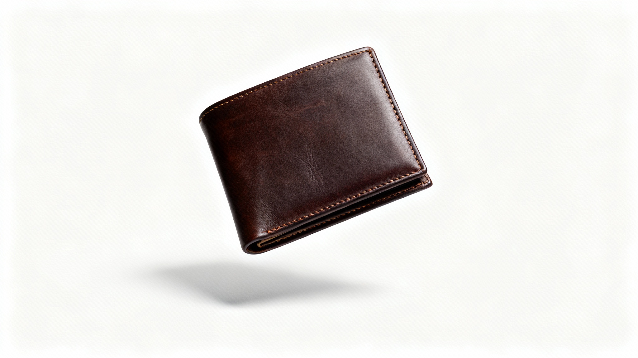 A professional product photograph of a luxurious dark brown leather wallet, elegantly displayed against a clean white background to highlight its quality and craftsmanship.