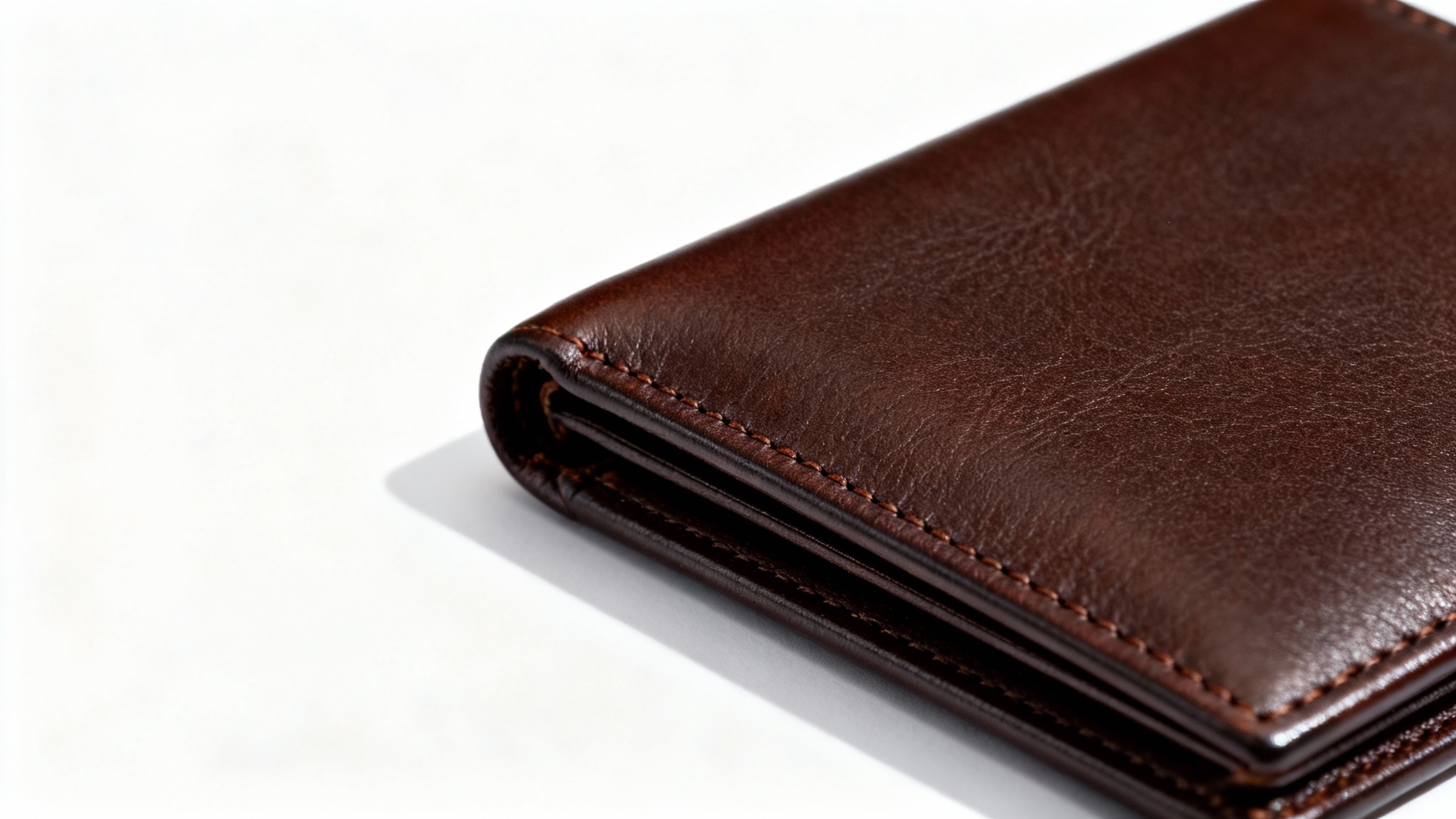A professional product photograph of a minimalist dark brown leather wallet displayed at an angle on a clean white background, highlighting its texture and stitching.