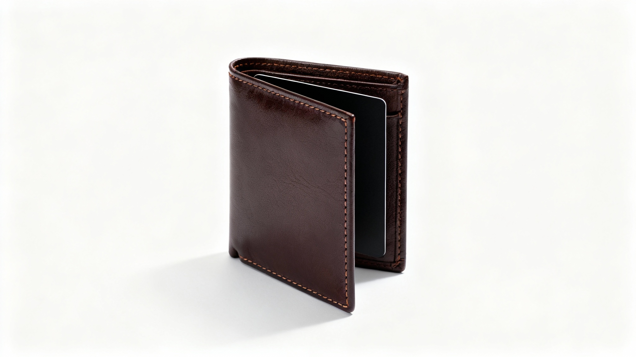 A professional product photograph of a luxurious dark brown leather wallet, angled on a white background, with a credit card peeking out to show its function.