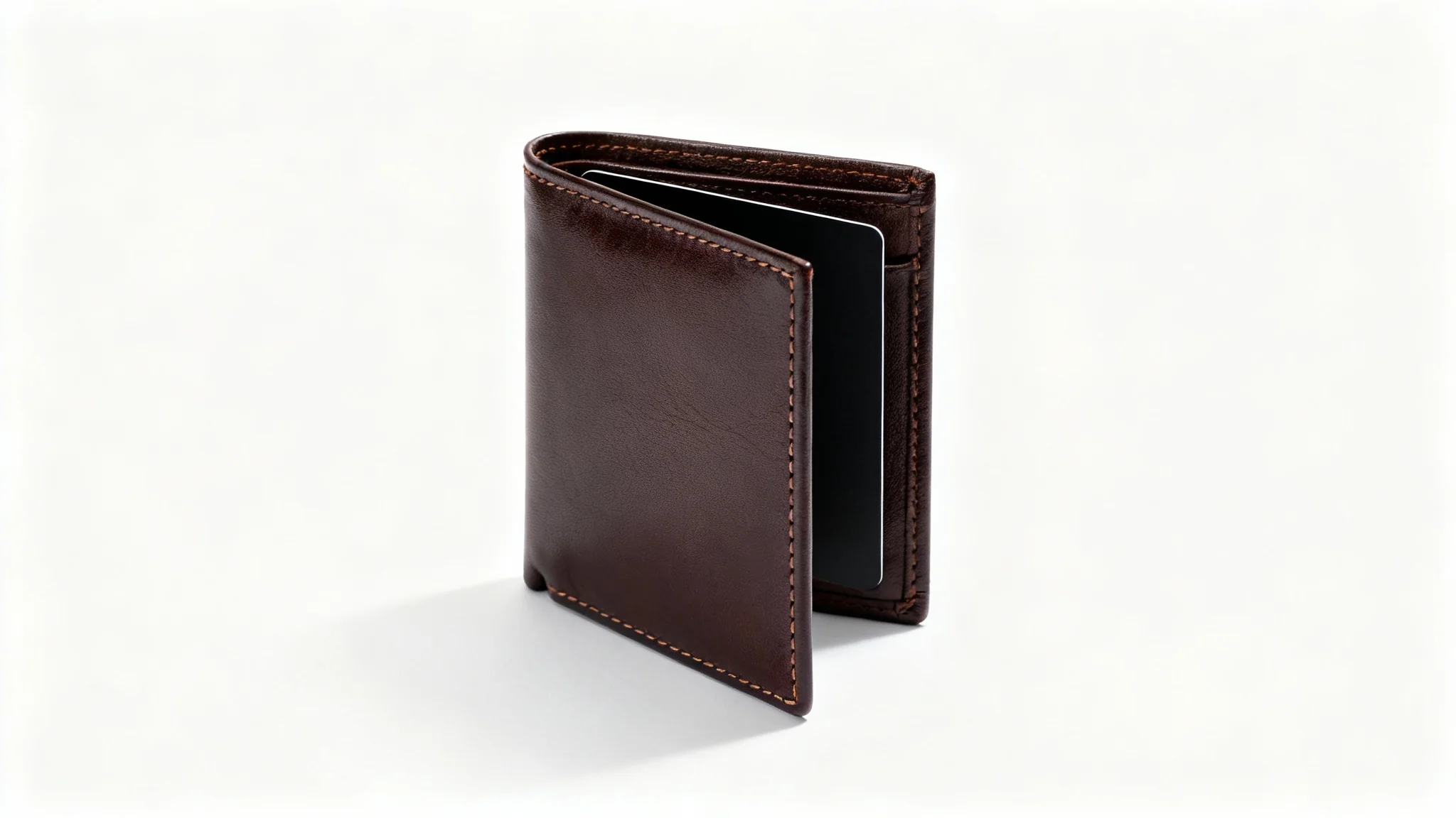A professional product photograph of a luxurious dark brown leather wallet, angled on a white background, with a credit card peeking out to show its function.