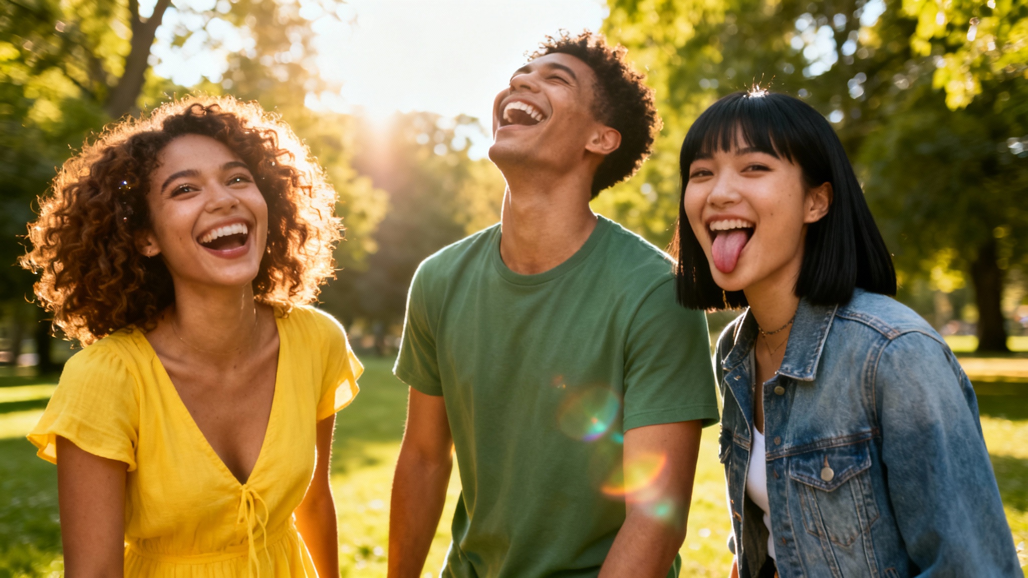 A vibrant, eye-catching candid photo of three diverse young friends laughing together outdoors in a park during golden hour. A woman in a yellow dress is laughing, a man in a green shirt is laughing with his head back, and another woman in a denim jacket is sticking her tongue out playfully.