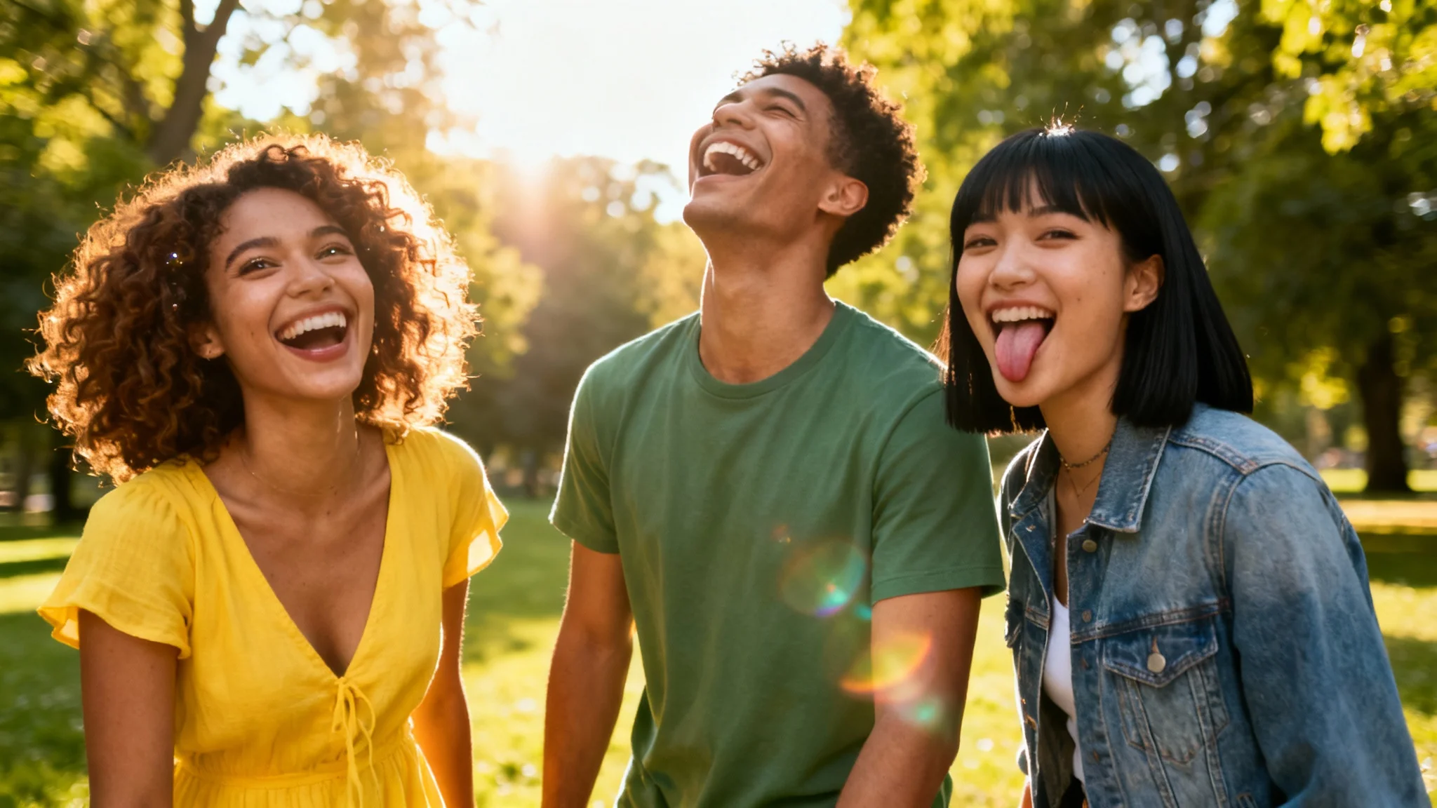 A vibrant, eye-catching candid photo of three diverse young friends laughing together outdoors in a park during golden hour. A woman in a yellow dress is laughing, a man in a green shirt is laughing with his head back, and another woman in a denim jacket is sticking her tongue out playfully.
