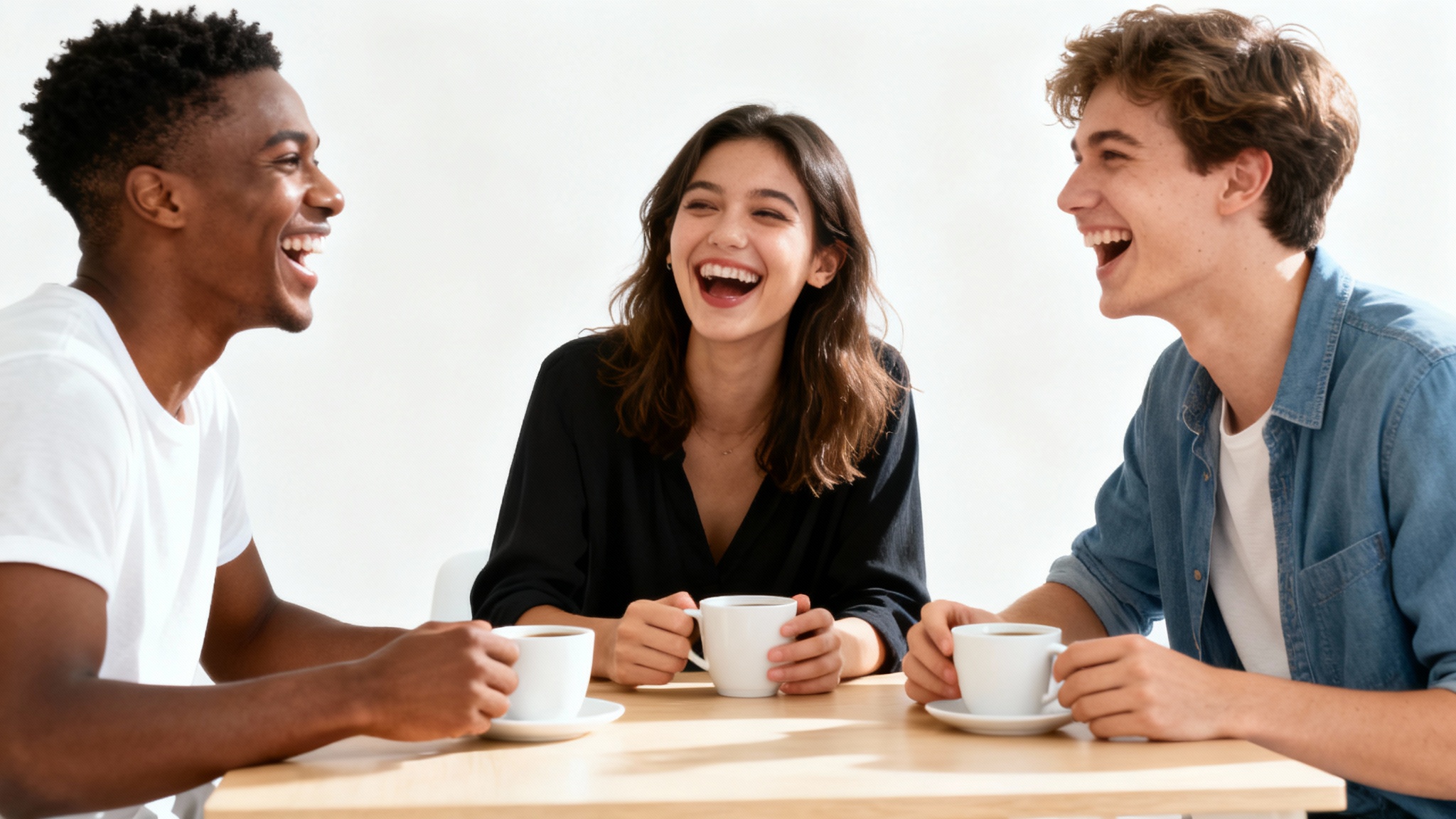 A bright, candid photo of three diverse friends laughing together at a table, isolated against a clean white background.