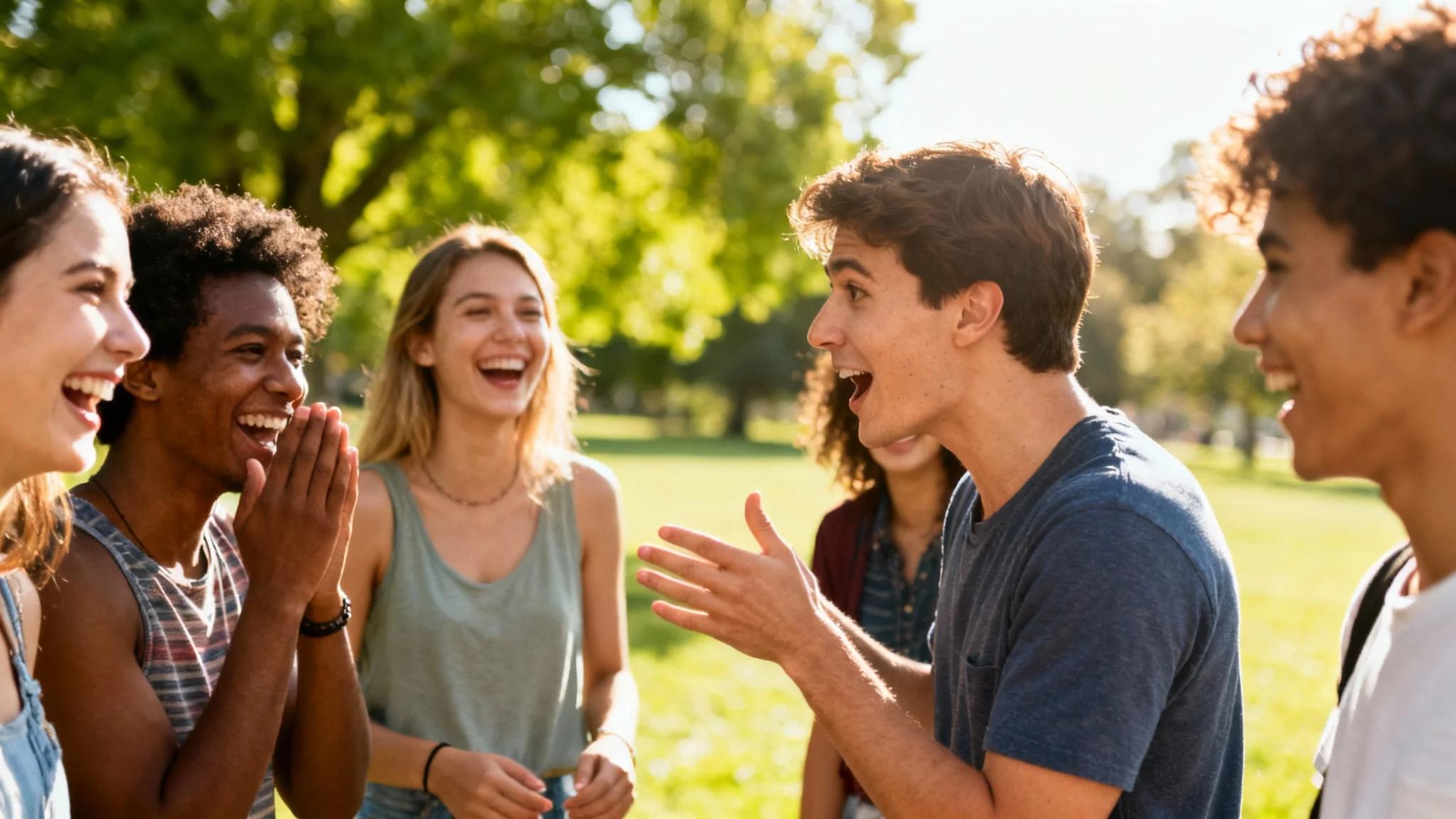 A candid, sunlit photo of a diverse group of friends laughing together in a park, capturing a moment of genuine joy and connection.