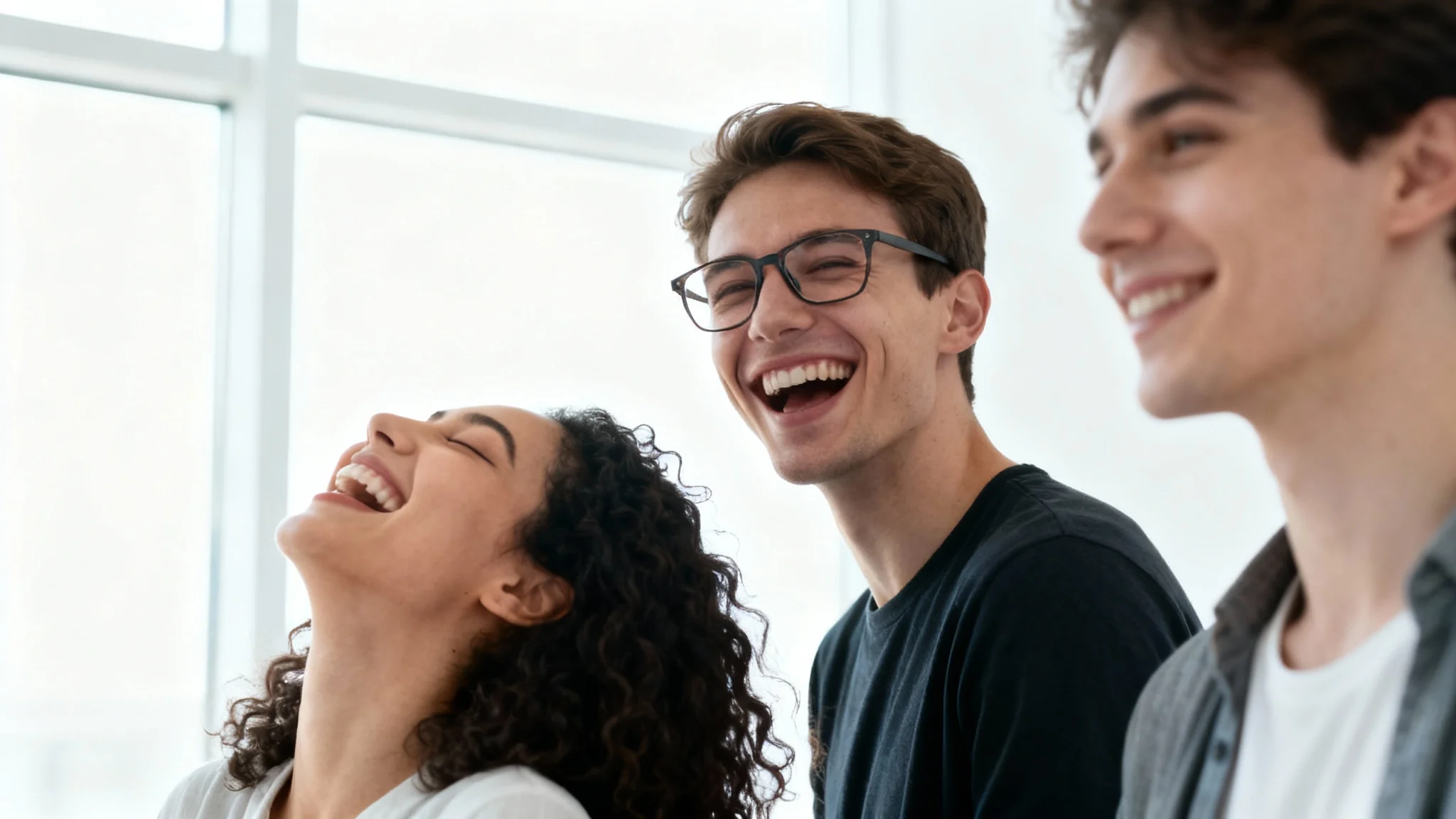 A photorealistic candid photo of three diverse friends in their twenties laughing together joyfully, isolated against a solid white background.