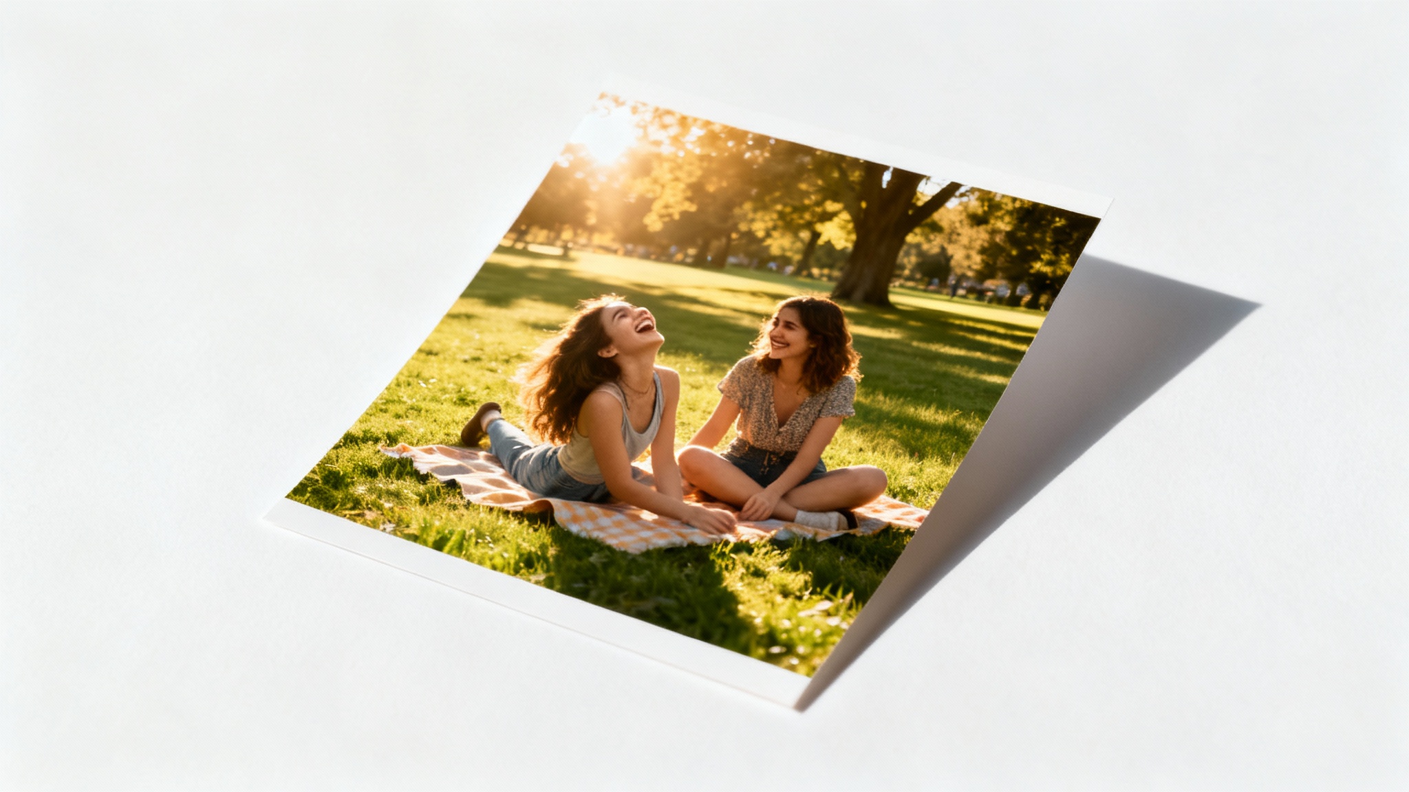 A mockup of a candid photograph showing two women laughing together on a picnic blanket in a sunny park, displayed as a single print on a white background.