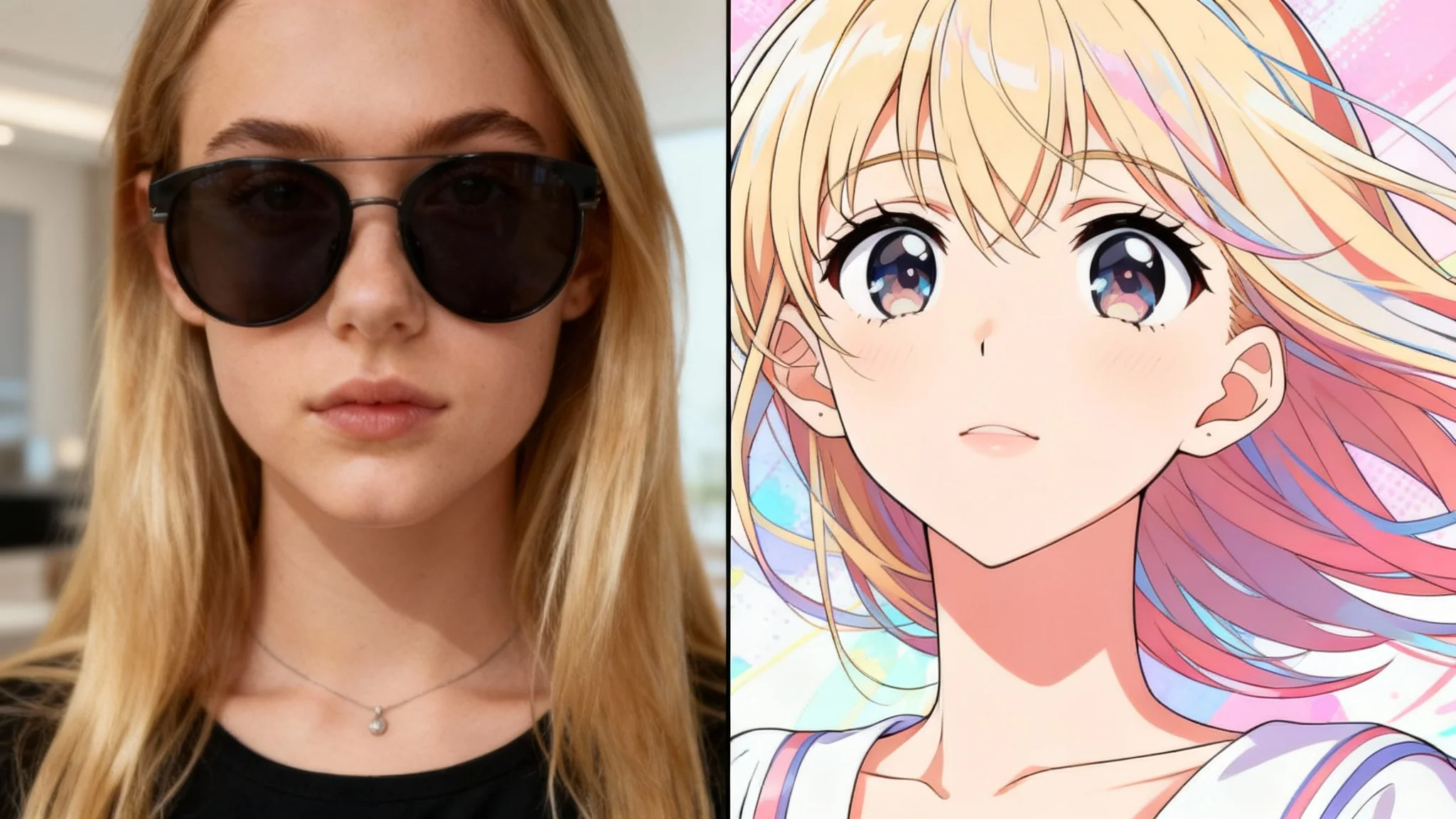 A split-screen image demonstrating a photo-to-manga tool. The left half shows a realistic photo of a woman with blonde hair and sunglasses; the right half shows the same image transformed into a colorful, vibrant manga illustration.