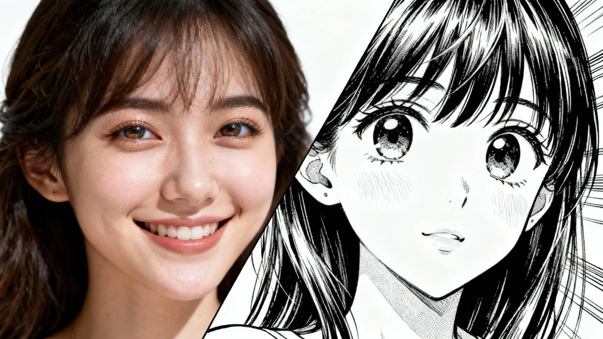 A split-screen image demonstrating a photo-to-manga effect. The left side shows a realistic photo of a woman, and the right side shows the same woman drawn in a black and white manga style, set against a plain white background.