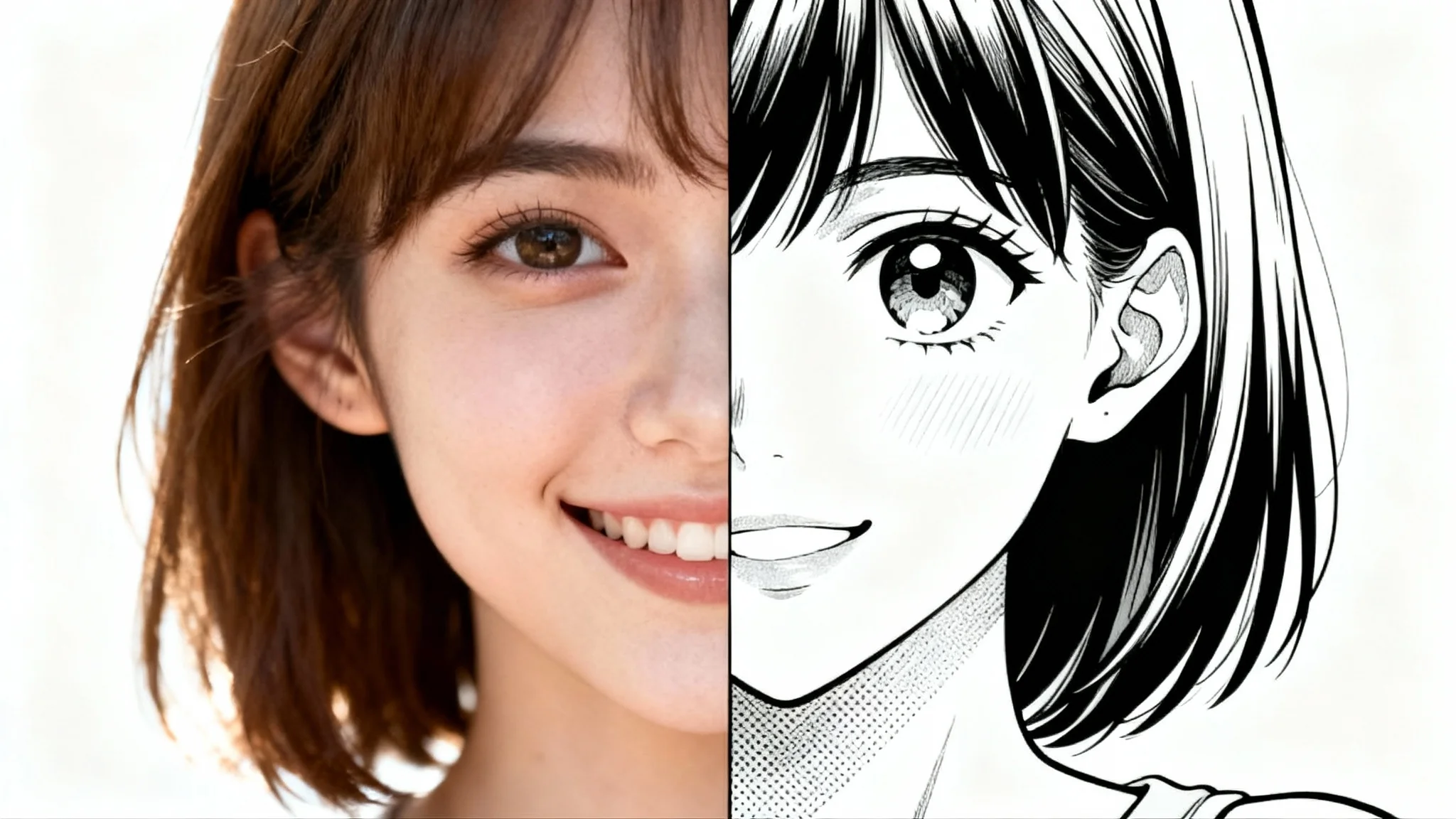 A split-screen image demonstrating a photo-to-manga effect. The left side shows a realistic photograph of a woman, while the right side shows the same woman drawn in a black-and-white manga style.