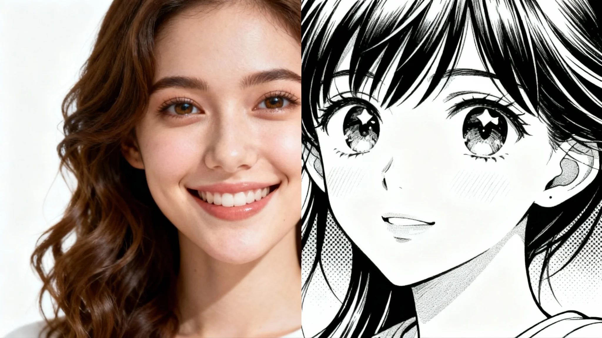 A split-screen comparison showing a woman's face transforming from a realistic photograph on the left to a black and white manga-style drawing on the right.