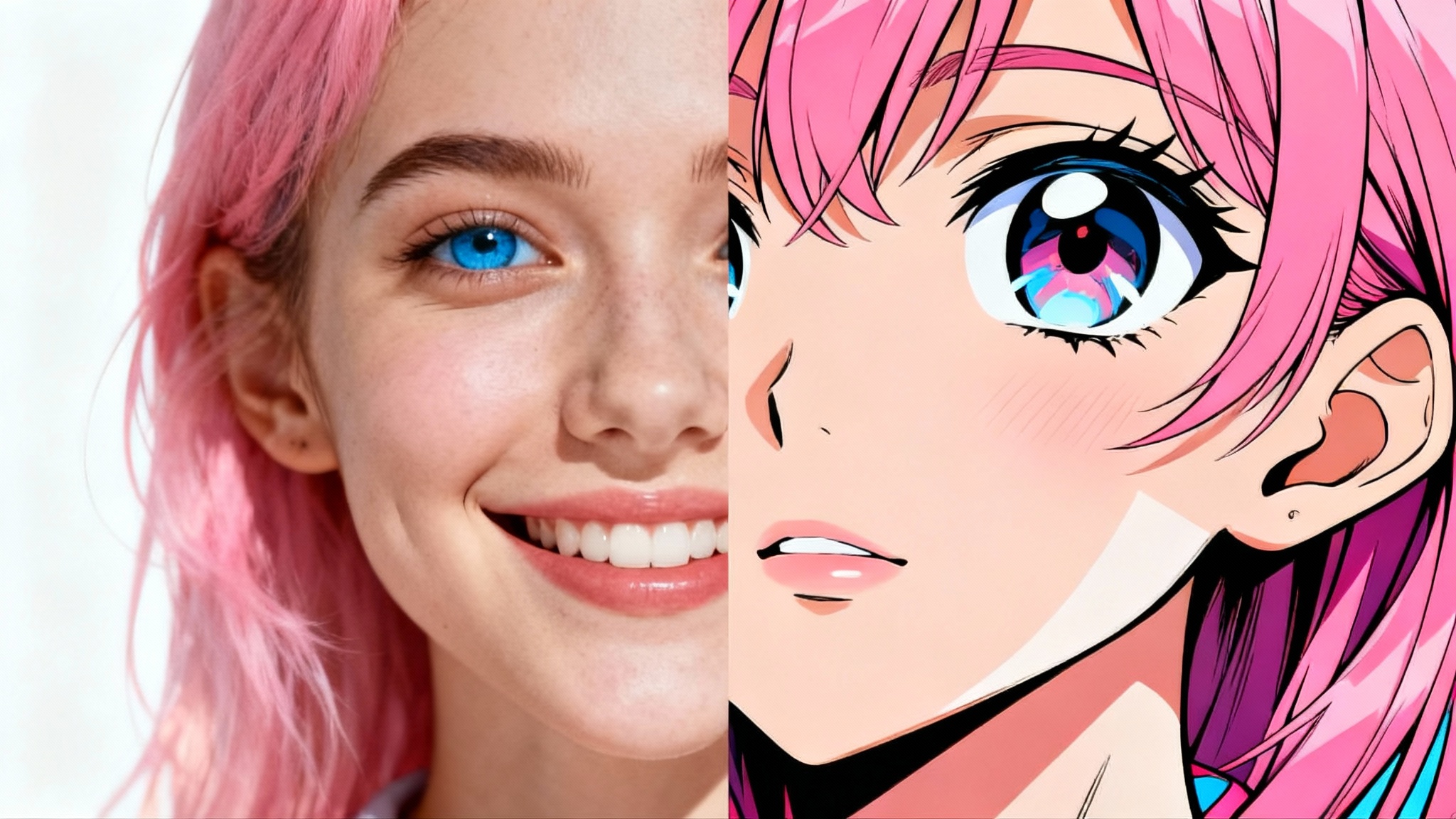 A split image showcasing a photo-to-manga effect. The left side is a realistic photo of a woman, and the right side is the same woman drawn in a colorful manga style, perfectly aligned to show the transformation.