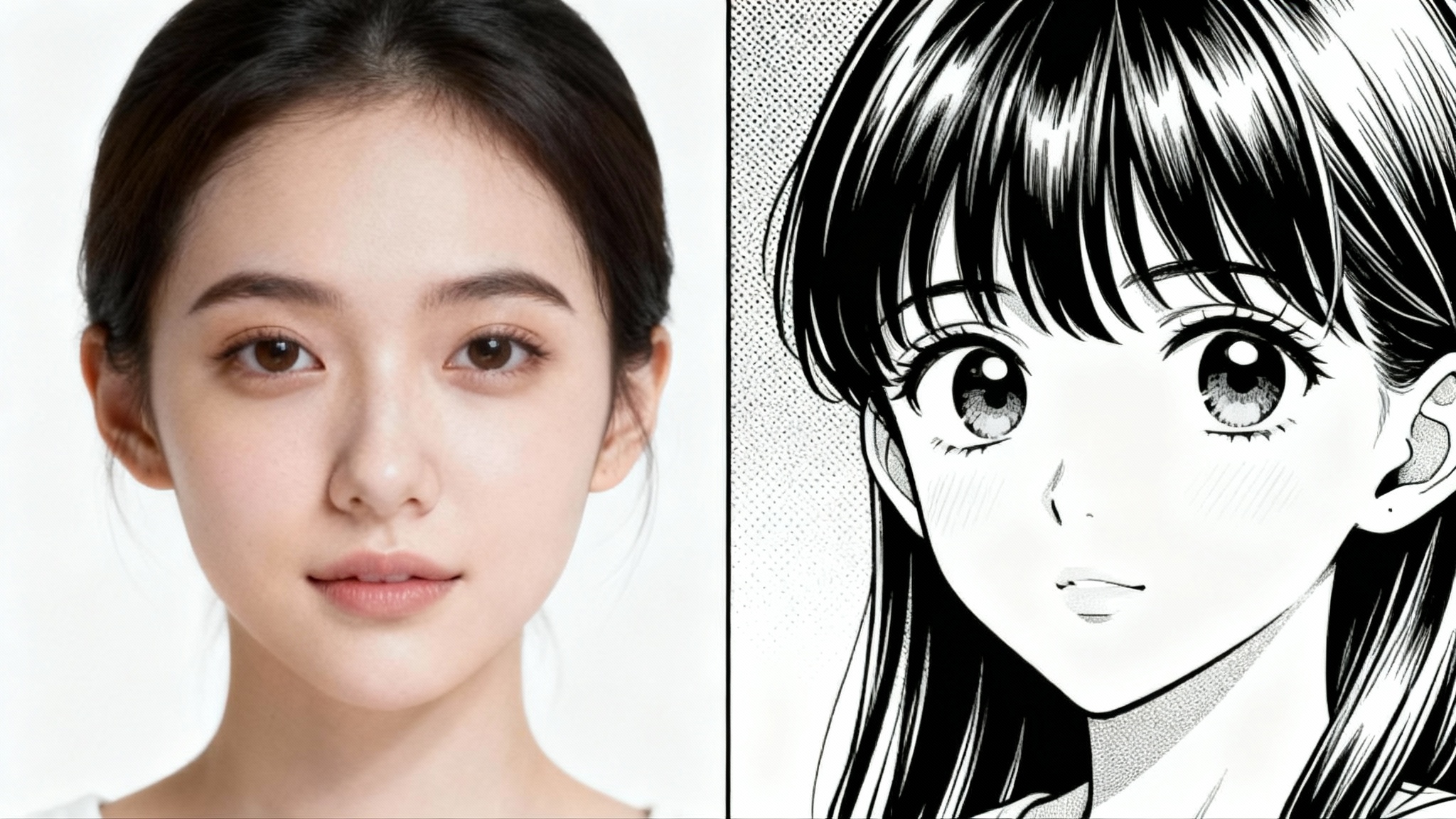 A split image showing the transformation of a woman's face from a realistic photograph on the left to a black and white manga-style illustration on the right.
