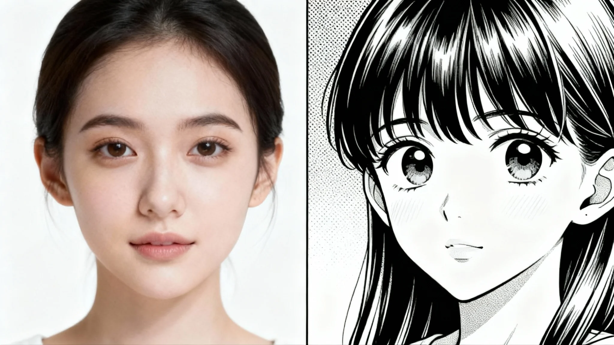 A split image showing the transformation of a woman's face from a realistic photograph on the left to a black and white manga-style illustration on the right.