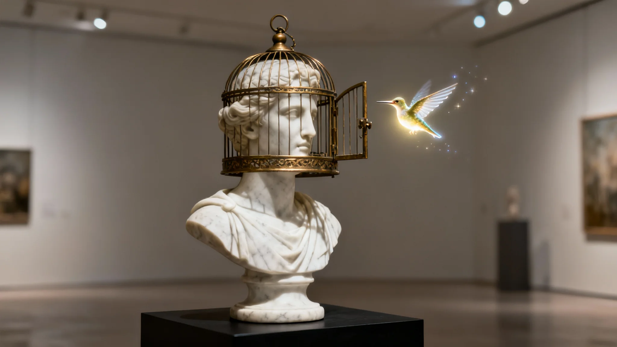 A photorealistic image of a surrealist sculpture in a gallery, featuring a white marble classical bust whose head is an open brass birdcage containing a single glowing hummingbird.