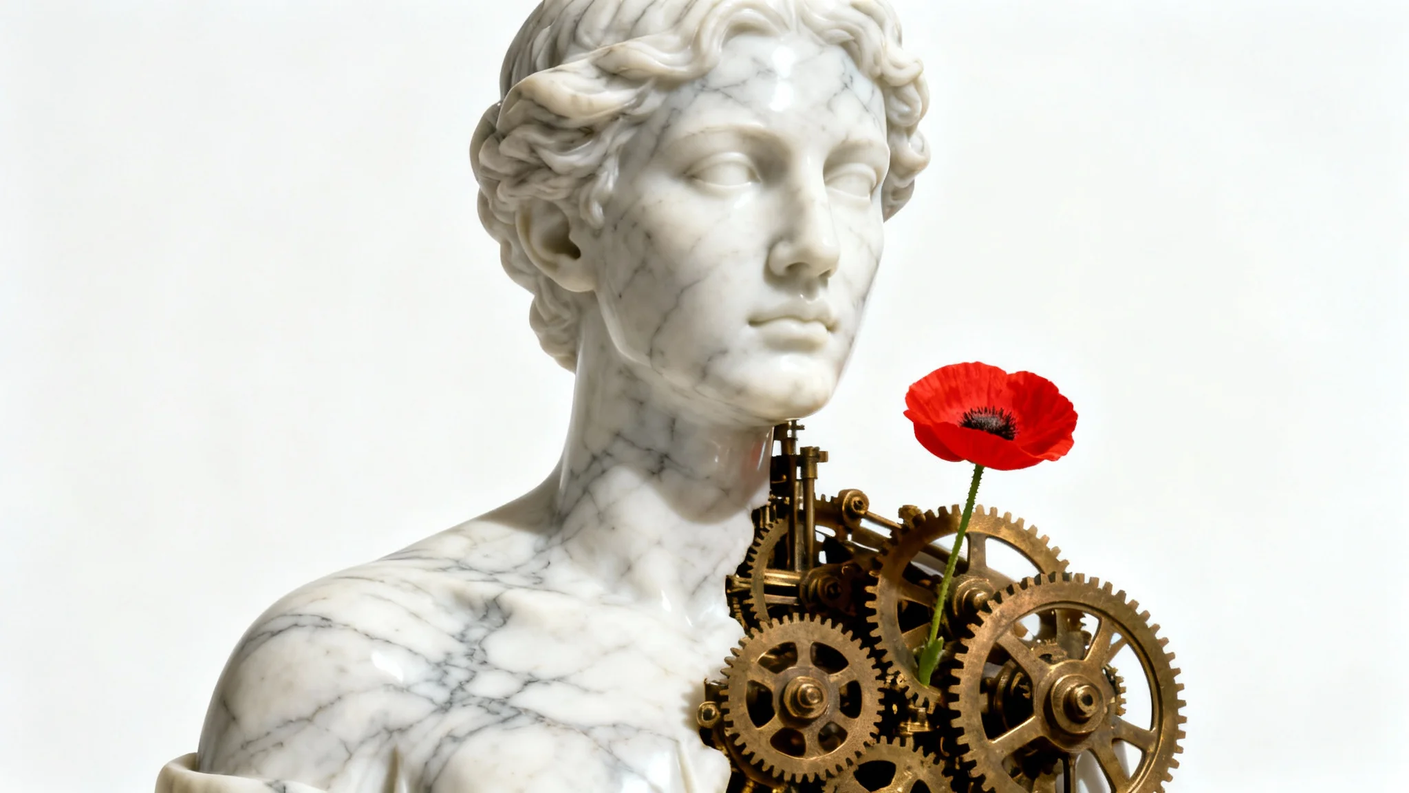 A photorealistic surrealist sculpture of a marble human bust that transitions into intricate brass clockwork gears at the shoulders, with a single red poppy blooming from the machinery, all against a clean white background.
