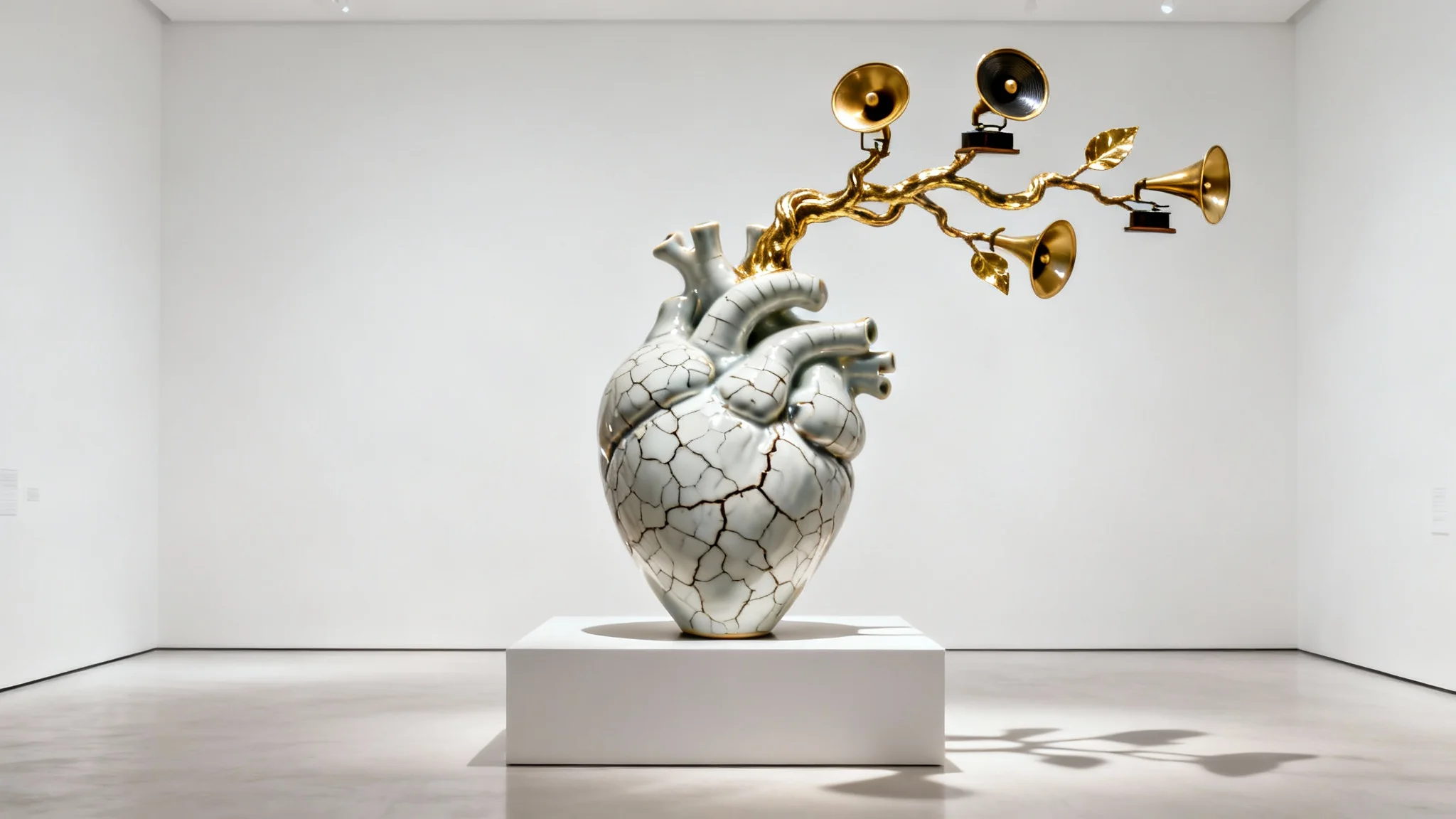 A photorealistic surrealist sculpture of a porcelain human heart with golden branches growing out of it, bearing tiny gramophones, set against a clean white background.