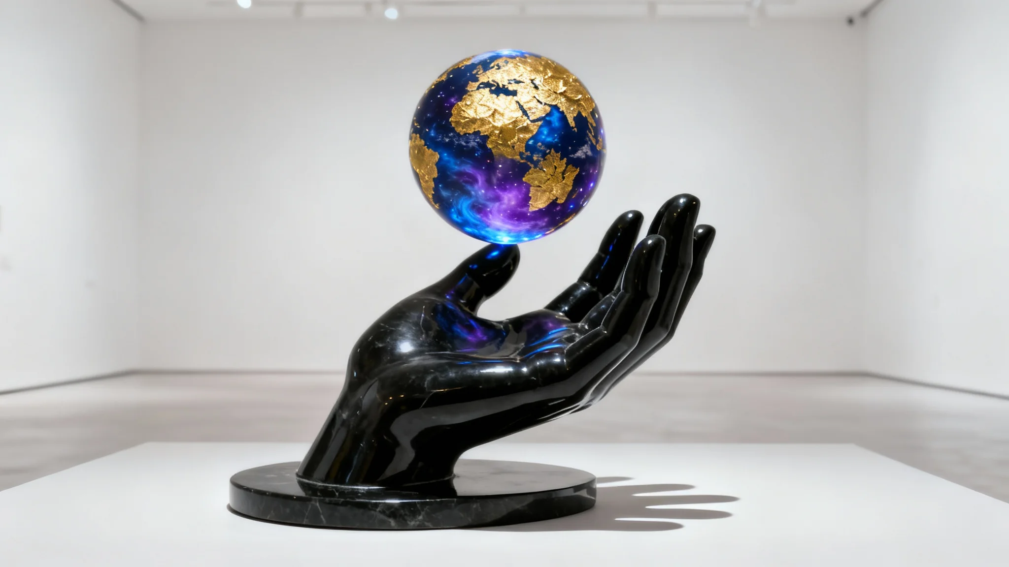A photorealistic image of a surrealist sculpture featuring a polished black hand holding a miniature, glowing Earth with golden continents, set against a plain white background.