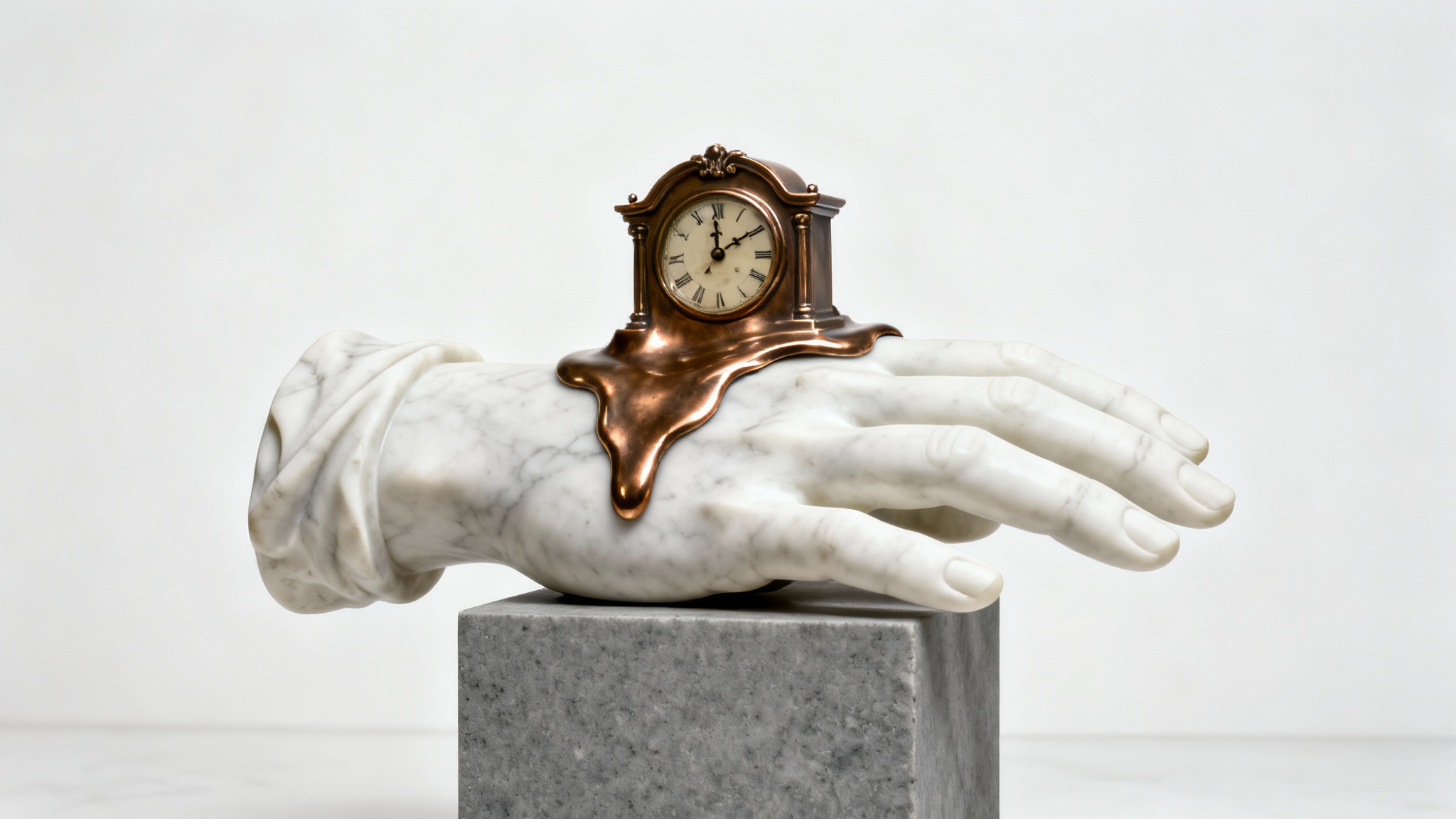 A hyperrealistic studio photograph of a surrealist sculpture, featuring a melting bronze grandfather clock draped over a large white marble hand, set against a plain white background.
