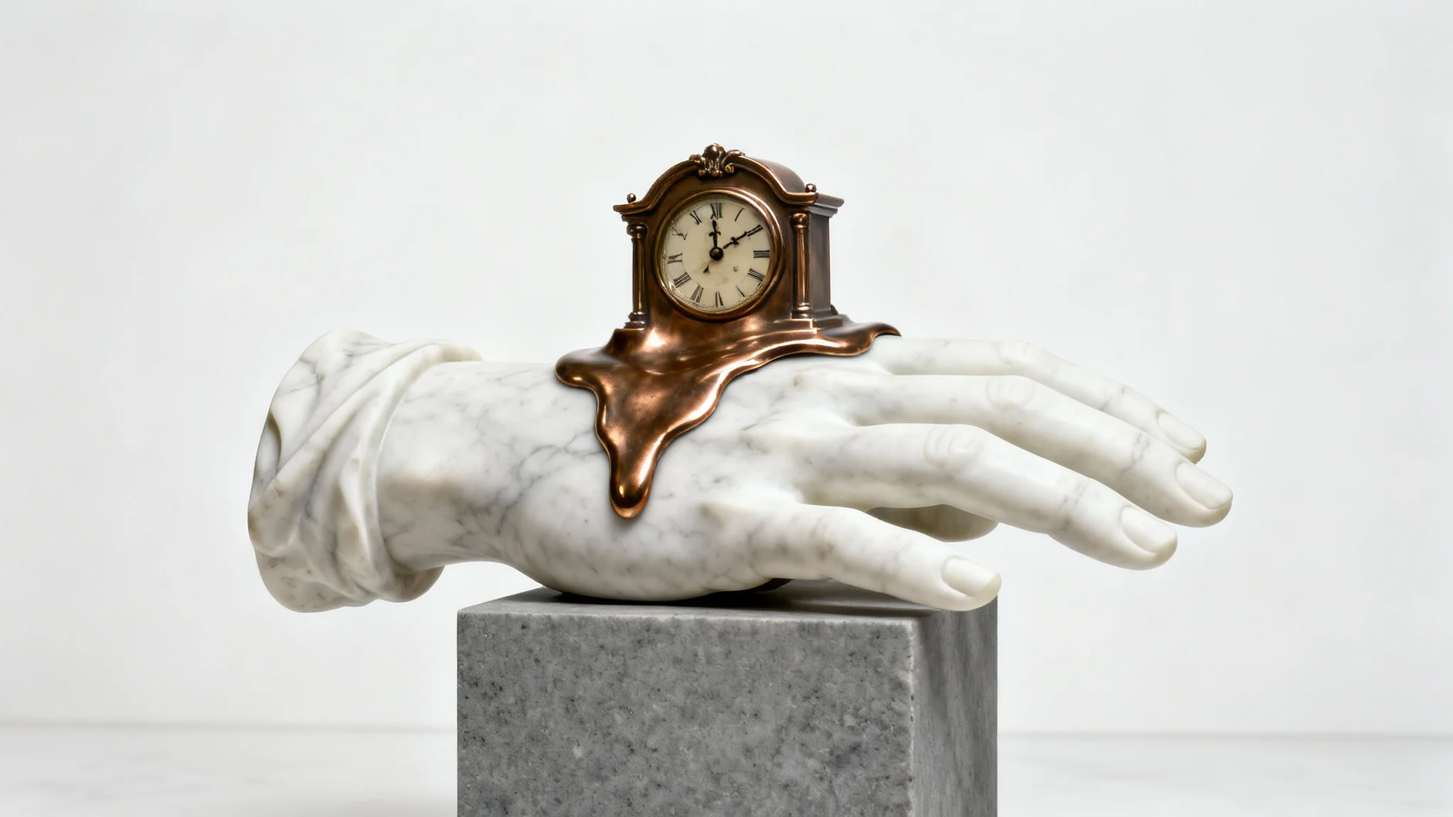 A hyperrealistic studio photograph of a surrealist sculpture, featuring a melting bronze grandfather clock draped over a large white marble hand, set against a plain white background.