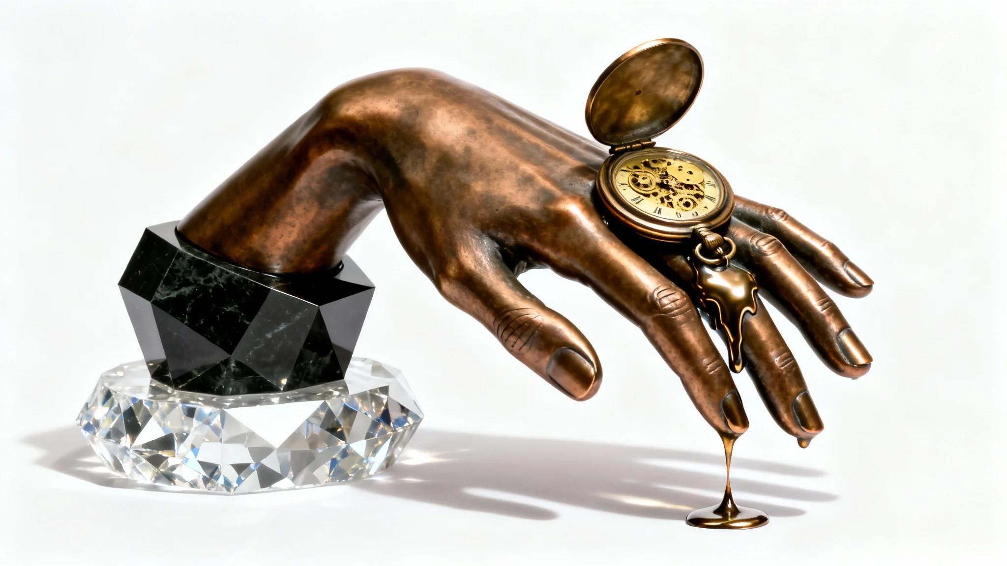 A studio photograph of a surrealist sculpture featuring a polished bronze hand with a melting pocket watch on it, set against a clean white background.