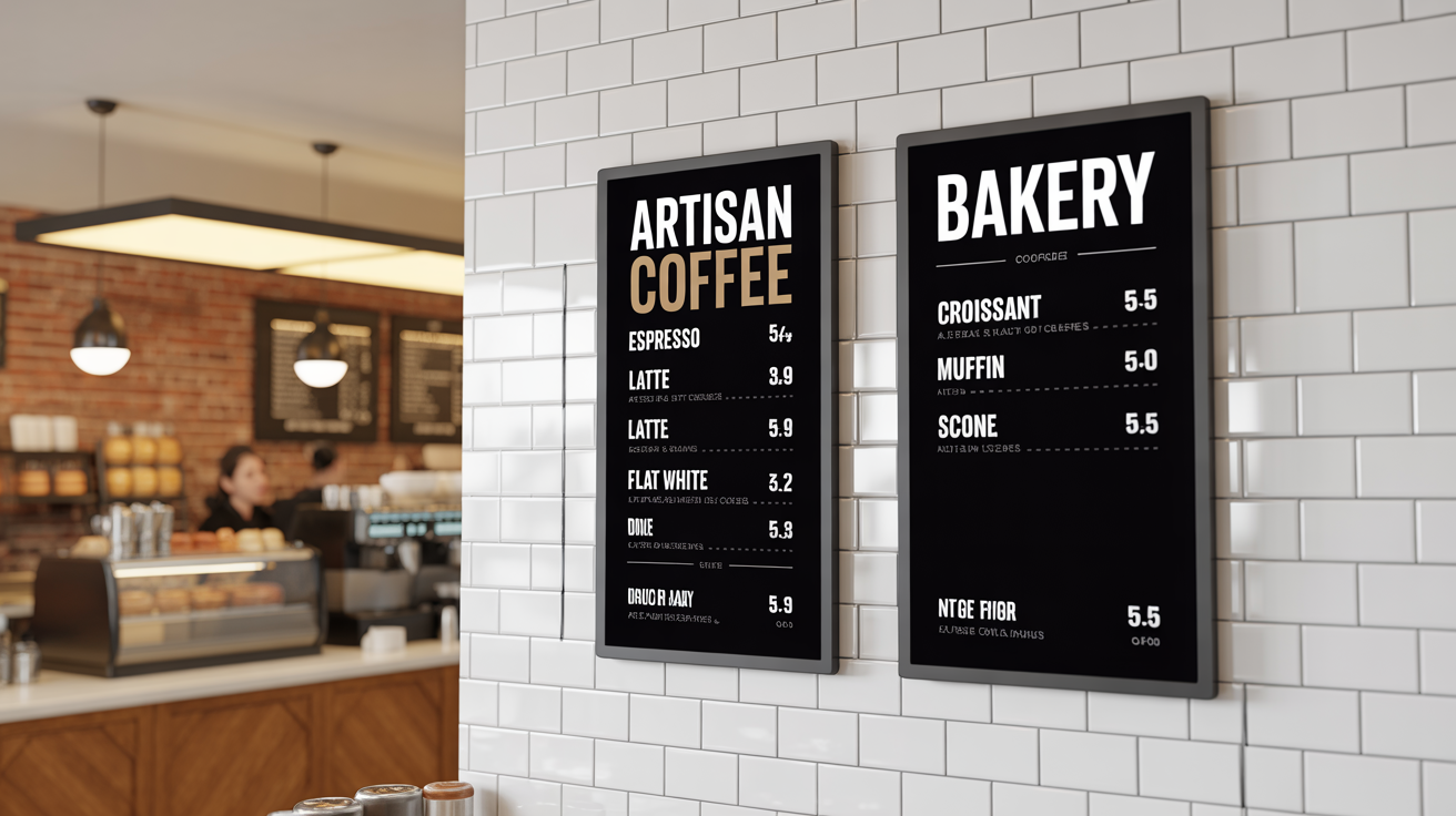 A professionally designed set of two vertical digital menu boards for a coffee shop, displayed in a bright, modern cafe setting.