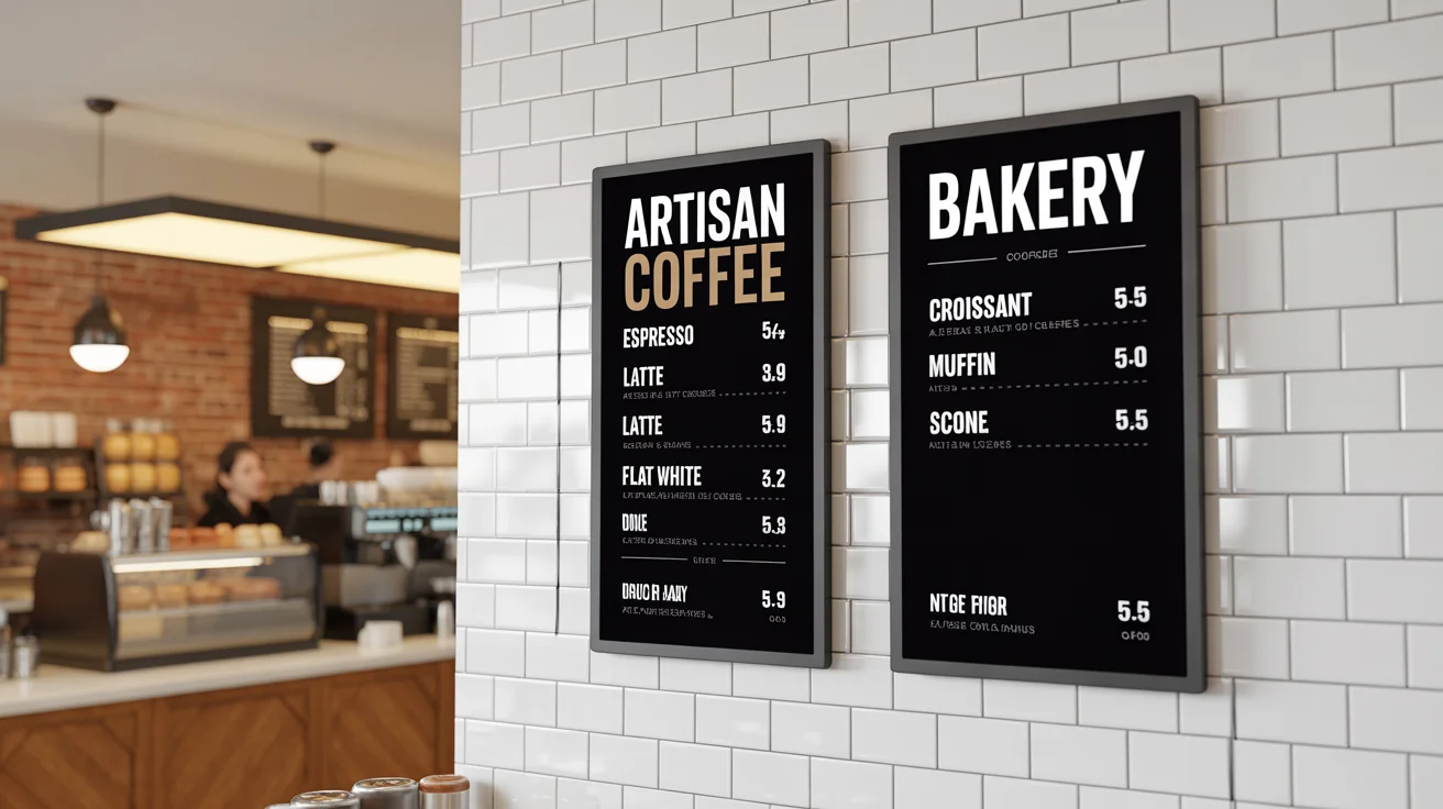 A professionally designed set of two vertical digital menu boards for a coffee shop, displayed in a bright, modern cafe setting.
