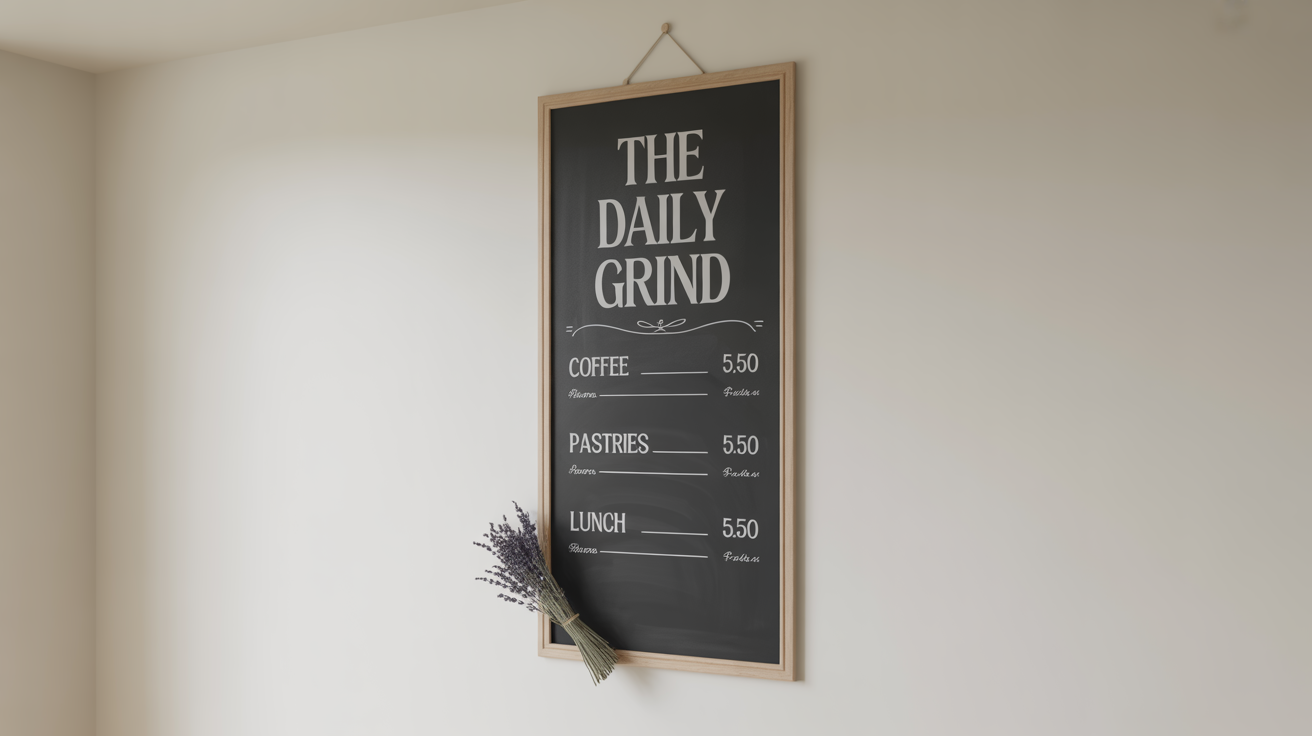 A professional mockup of a vertical chalkboard cafe menu board for 'The Daily Grind', featuring coffee, pastries, and lunch items, set against a clean white background.