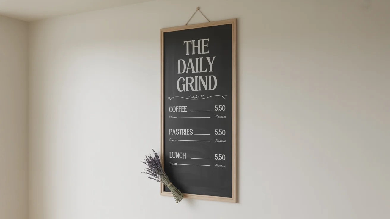 A professional mockup of a vertical chalkboard cafe menu board for 'The Daily Grind', featuring coffee, pastries, and lunch items, set against a clean white background.