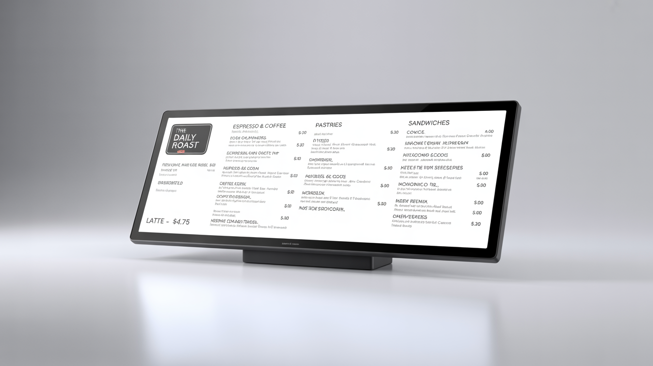 A sleek, modern digital menu board for a cafe named 'The Daily Roast', shown as a product mockup on a white background with a clean and easy-to-read menu.