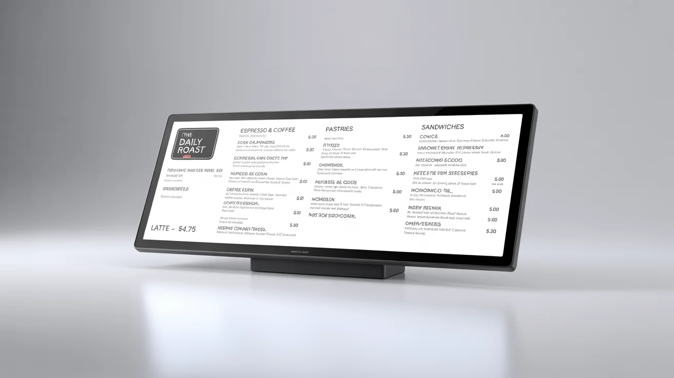 A sleek, modern digital menu board for a cafe named 'The Daily Roast', shown as a product mockup on a white background with a clean and easy-to-read menu.