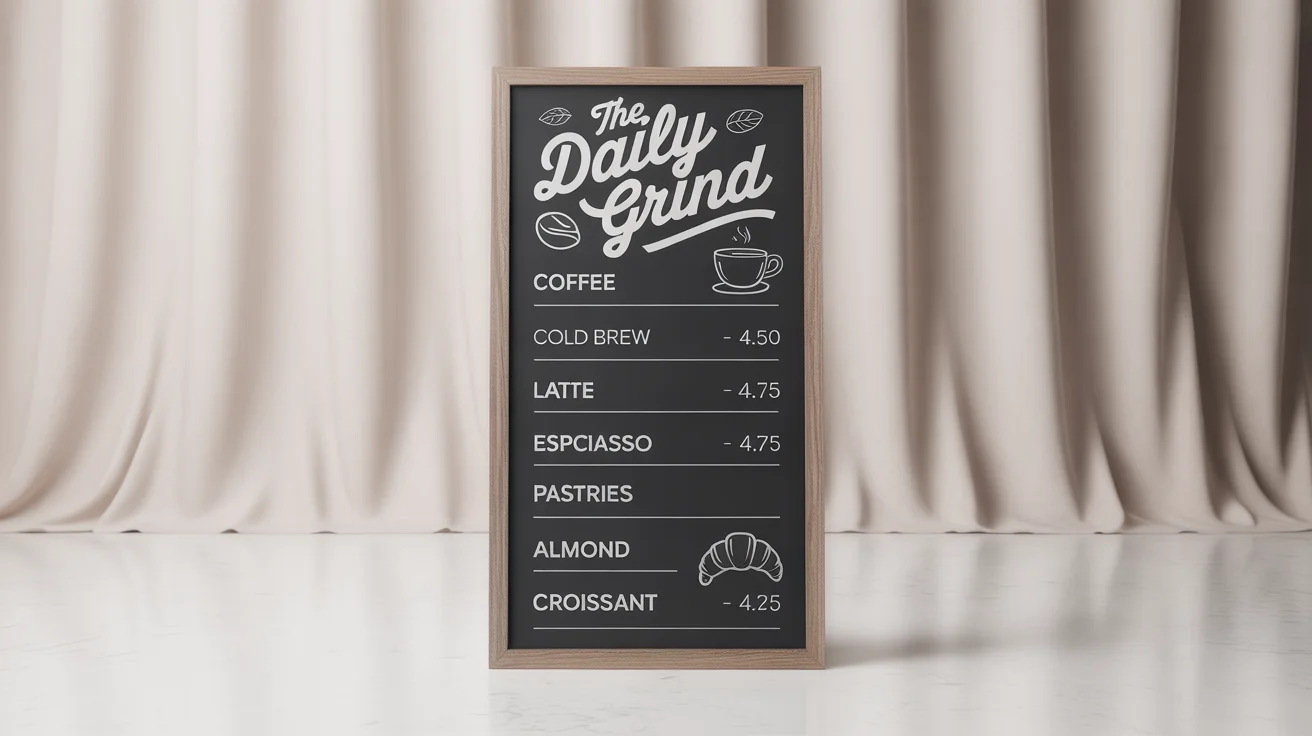 A modern, dark chalkboard coffee shop menu board with the title 'THE DAILY GRIND' and various drink and pastry options, presented as a mockup on a white background.