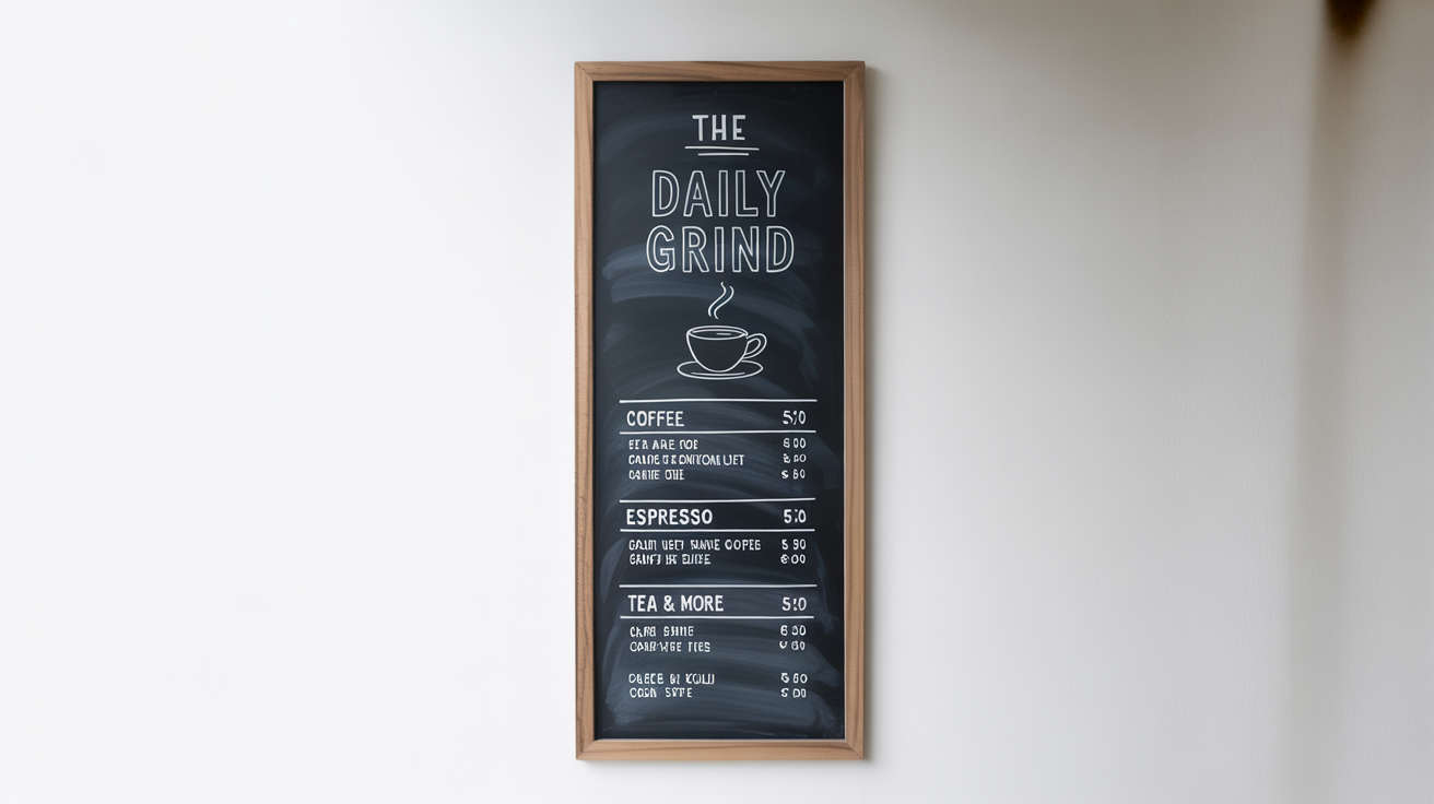 A modern cafe menu board mockup with a light wood frame on a white background. The chalkboard, titled 'THE DAILY GRIND', lists various coffee, espresso, and tea drinks with their prices in a clean chalk font.
